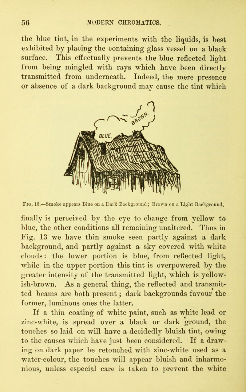 the blue tint, in the experiments with the liquids, is best exhibited by placing the containing glass vessel on a black surface. This effectually prevents the blue reflected light from being mingled with rays which have been directly transmitted from underneath. Indeed, the mere presence or absence of a dark background may cause the tint which Fig. 13.—Smoke appears Blue on a Dark Background ; Brown on a Light Background. finally is perceived by the eye to change from yellow to blue, the other conditions all remaining unaltered. Thus in Fig. 13 we have thin smoke seen partly against a dark background, and partly against a sky covered with white clouds: the lower portion is blue, from reflected light, while in the upper portion this tint is overpowered by the greater intensity of the transmitted light, which is yellow- ish-brown. As a general thing, the reflected and transmit- ted beams are both present ; dark backgrounds favour the former, luminous ones the latter. If a thin coating of white paint, such as white lead or zinc-white, is spread over a black or dark ground, the touches so laid on will have a decidedly bluish tint, owing to the causes which have just been considered. If a draw- ing on dark paper be retouched with zinc-white used as a water-colour, the touches will appear bluish and inharmo- nious, unless especial care is taken to prevent the white