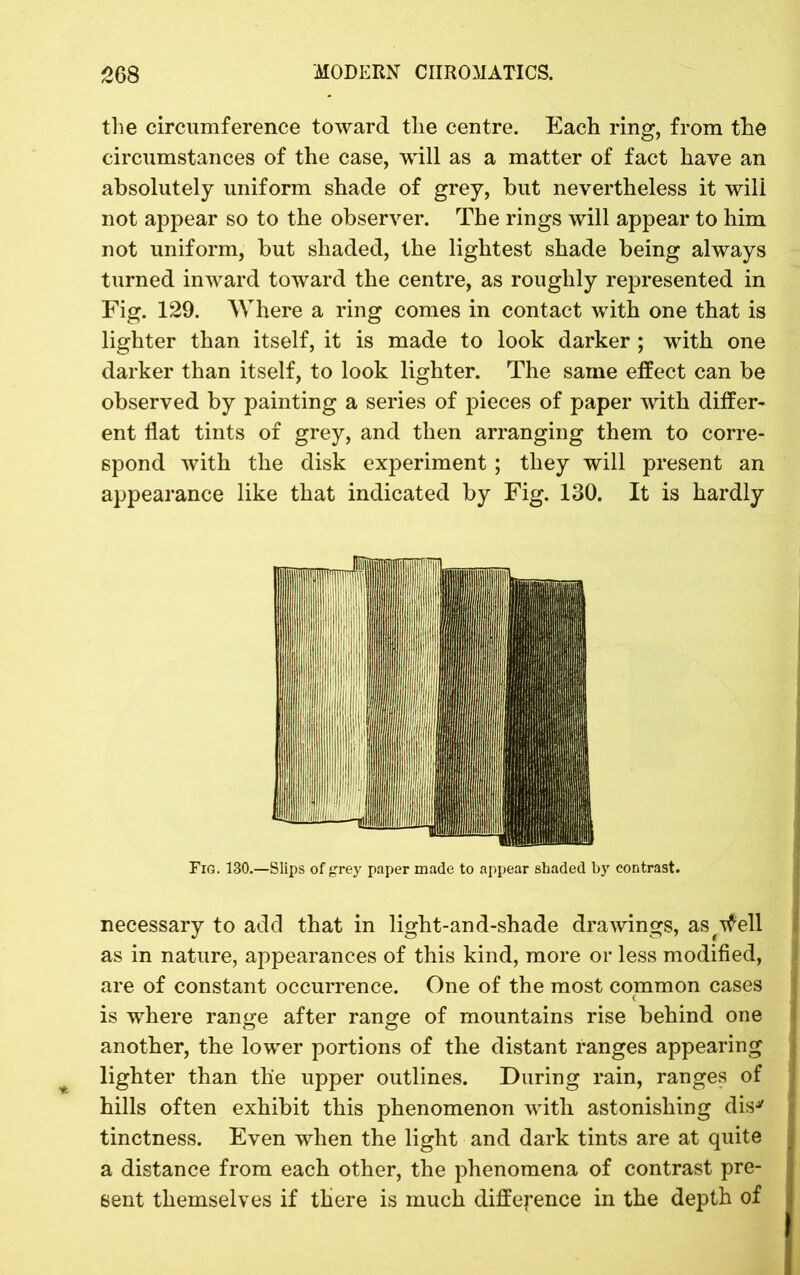 the circumference toward the centre. Each ring, from the circumstances of the case, will as a matter of fact have an absolutely uniform shade of grey, but nevertheless it wili not appear so to the observer. The rings will appear to him not uniform, but shaded, the lightest shade being always turned inward toward the centre, as roughly represented in Fig. 129. Where a ring comes in contact with one that is lighter than itself, it is made to look darker ; with one darker than itself, to look lighter. The same effect can be observed by painting a series of pieces of paper with differ- ent flat tints of grey, and then arranging them to corre- spond with the disk experiment; they will present an appearance like that indicated by Fig. 130. It is hardly Fig. 130.—Slips of grey paper made to appear shaded by contrast. necessary to add that in light-and-shade drawings, as^ell as in nature, appearances of this kind, more or less modified, are of constant occurrence. One of the most common cases is where range after range of mountains rise behind one another, the lower portions of the distant ranges appearing lighter than the upper outlines. During rain, ranges of hills often exhibit this phenomenon with astonishing dis* tinctness. Even when the light and dark tints are at quite a distance from each other, the phenomena of contrast pre- sent themselves if there is much difference in the depth of