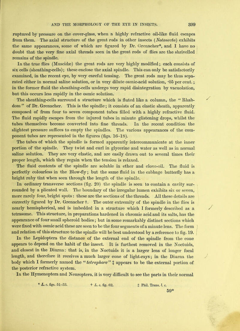 ruptured by pressure on the coyer-glass, when a highly refractive oil-like fluid escapes from them. The axial structure of the great rods in other insects (Notonecta) exhibits the same appearances, some of which are figured by Dr. Grenacher*, and I have no doubt that the very fine axial threads seen in the great rods of flies are the shrivelled remains of the spindle. In the true flies (Muscidse) the great rods are very highly modified; each consists of six cells (sheathing-cells); these enclose the axial spindle. This can only be satisfactorily examined, in the recent eye, by very careful teasing. The great rods may be thus sepa- rated either in normal saline solution, or in very dilute osmic-acid solution, *05 per cent.; in the former fluid the sheathing-cells undergo very rapid disintegration by vacuolation, but this occurs less rapidly in the osmic solution. The sheathing-cells surround a structure which is fluted like a column, the “ Bliab- dom ” of Dr. Grenacher. This is the spindle; it consists of an elastic sheath, apparently composed of from four to seven component tubes filled with a highly refractive fluid. The fluid rapidly escapes from the injured tubes in minute glistening drops, whilst the tubes themselves become converted into fine threads. In the recent condition the slightest pressure suffices to empty the spindles. The various appearances of the com- ponent tubes are represented in the figures (figs. 16-18). The tubes of which the spindle is formed apparently intercommunicate at the inner portion of the spindle. They twist and curl in glycerine and water as well as in normal saline solution. They are very elastic, and are easily drawn out to several times their proper length, which they regain when the tension is relaxed. The fluid contents of the spindle are soluble in ether and clove-oil. The fluid is perfectly colourless in the Blow-fly; but the same fluid in the cabbage butterfly has a bright ruby tint when seen through the length of the spindle. In ordinary transverse sections (fig. 20) the spindle is seen to contain a cavity sur- rounded by a plicated wall. The boundary of the irregular lumen exhibits six or seven, more rarely four, bright spots : these are the sections of the threads. All these details are correctly figured by Dr. Grenacher f. The outer extremity of the spindle in the flies is nearly hemispherical, and is imbedded in a structure which I formerly described as a tetrasome. This structure, in preparations hardened in chromic acid and its salts, has the appearance of four small spheroid bodies; but in some remarkably distinct sections which were fixed with osmic acid these are seen to be the four segments of a minute lens. The form ) and relation of this structure to the spindle will be best understood by a reference to fig. 19. In the Lepidoptera the distance of the external end of the spindle from the cone appears to depend on the habit of the insect. It is furthest removed in the Noctuids, and closest in the Diurna: that is, in the Noctuids it is a larger lens of longer focal length, and therefore it receives a much larger cone of light-rays; in the Diurna the body which I formerly named the “ tetraphore ” $ appears to be the external portion of the posterior refractive system. In the Hymenoptera and Neuroptera, it is very difficult to see the parts in their normal 59*