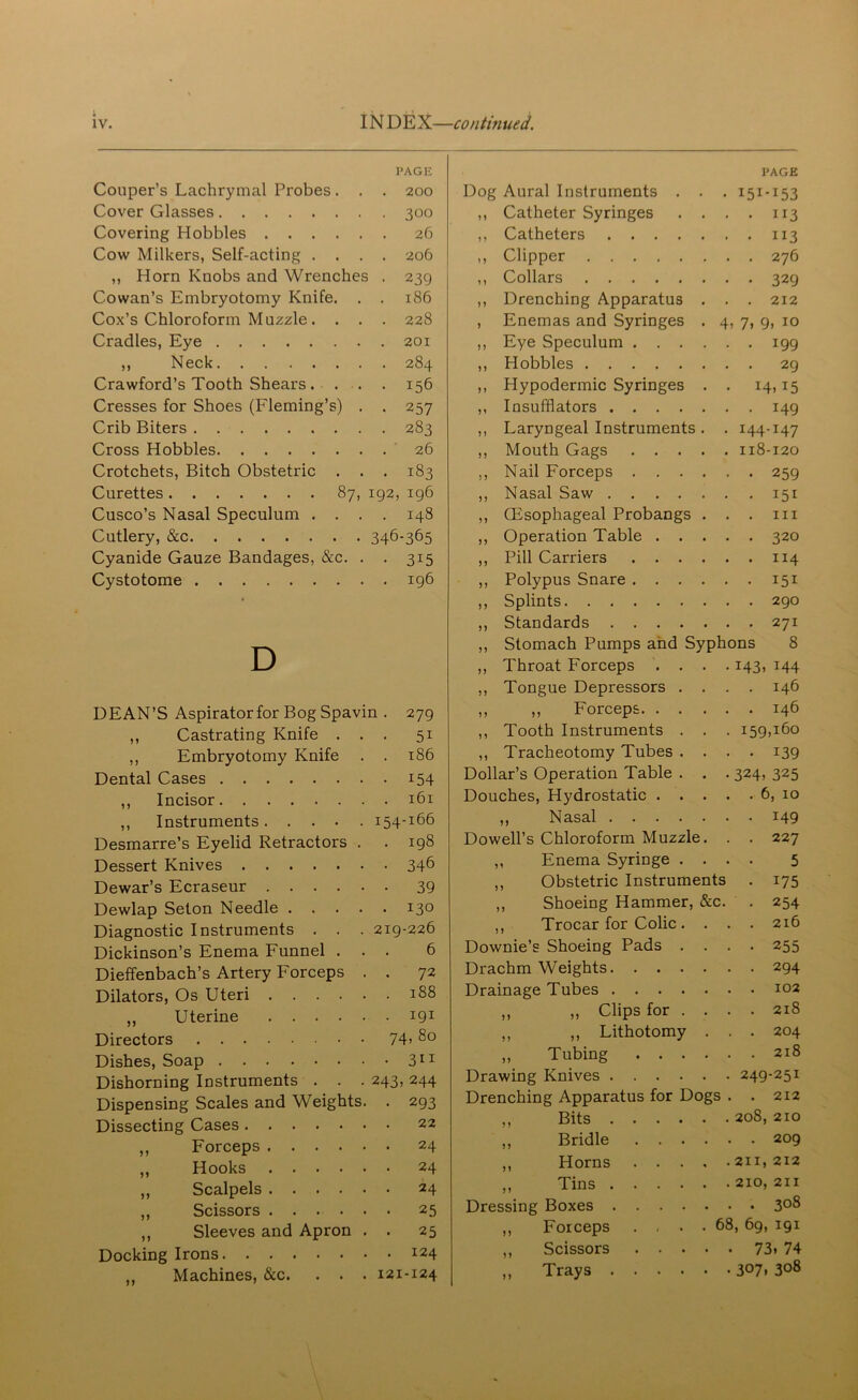 PAGE PAGE Couper’s Lachrymal Probes. . 200 Dog Aural Instruments . . • I5I-I53 Cover Glasses 300 ,, Catheter Syringes . . • • 1x3 Covering Hobbles .... 26 ,, Catheters . . 113 Cow Milkers, Self-acting . . . 206 Clipper ,, Horn Knobs and Wrenches . 239 ,, Collars . . 329 Cowan’s Embryotomy Knife. . 186 ,, Drenching Apparatus . . . 212 Cox’s Chloroform Muzzle. . . 228 , Enemas and Syringes . 4) 7) 9. 10 Cradles, Eye 201 ,, Eye Speculum .... • • 199 ,, Neck 284 ,, Hobbles . . 29 Crawford’s Tooth Shears. . . 156 ,, Hypodermic Syringes . • I4.I5 Cresses for Shoes (Fleming’s) • ' 257 ,, Insufflators • • 149 Crib Biters 283 ,, Laryngeal Instruments . . 144-147 Cross Hobbles 26 ,, Mouth Gags .... . 118-120 Crotchets, Bitch Obstetric . . 183 ., Nail Forceps .... • • 259 Curettes 87, 192, 196 ,, Nasal Saw . . 151 Cusco’s Nasal Speculum . . • 148 ,, (Esophageal Probangs . . . hi Cutlery, &c • 346-365 ,, Operation Table . . . . . 320 Cyanide Gauze Bandages, &c. . 315 ,, Pill Carriers .... Cystotome 196 ,, Polypus Snare .... • • 151 • ,, Splints ,, Standards D ,, Stomach Pumps and Syphons 8 ,, Throat Forceps . . . • 143. 144 ,, Tongue Depressors . . . . 146 DEAN’S Aspirator for Bog Spavin . 279 ,, „ Forceps. . . . . 146 ,, Castrating Knife . . . 51 ,, Tooth Instruments . . . 159,160 ,, Embryotomy Knife • . 186 ,, Tracheotomy Tubes . . • • 139 Dental Cases 154 Dollar’s Operation Table . . • 324. 325 ,, Incisor l6l Douches, Hydrostatic . . . . . 6, 10 ,, Instruments. . . . • 154 -166 ,, Nasal . . 149 Desmarre’s Eyelid Retractors 198 Dowell’s Chloroform Muzzle. . . 227 Dessert Knives 346 ,, Enema Syringe . . • • 5 Dewar’s Ecraseur .... Dewlap Selon Needle . . . Diagnostic Instruments . . Dickinson’s Enema Funnel . Dieffenbach’s Artery Forceps Dilators, Os Uteri .... ,, Uterine .... Directors Dishes, Soap Dishorning Instruments . . Dispensing Scales and Weights Dissecting Cases . Forceps Hooks Scalpels Scissors Sleeves and Apron Docking Irons ,, Machines, &c. . . • 39 • 130 219-226 6 • 72 . 188 . 191 74, 80 • 3ii 243)244 • 293 22 24 . 24 • 24 • 25 • 25 . 124 121-124 ,, Obstetric Instruments . 175 ,, Shoeing Hammer, &c. . 254 ,, Trocar for Colic. . . . 216 Downie’s Shoeing Pads .... 255 Drachm Weights 294 Drainage Tubes 102 ,, ,, Clips for ... . 218 ,, ,, Lithotomy . . . 204 ,, Tubing 218 Drawing Knives 249-251 Drenching Apparatus for Dogs . . 212 ,, Bits 208,210 ,, Bridle 209 „ Horns 211,212 ,, Tins 210,211 Dressing Boxes 3°® ,, Forceps . , . .68, 69, 191 ,, Scissors 73» 74 „ Trays 307. 3<>8