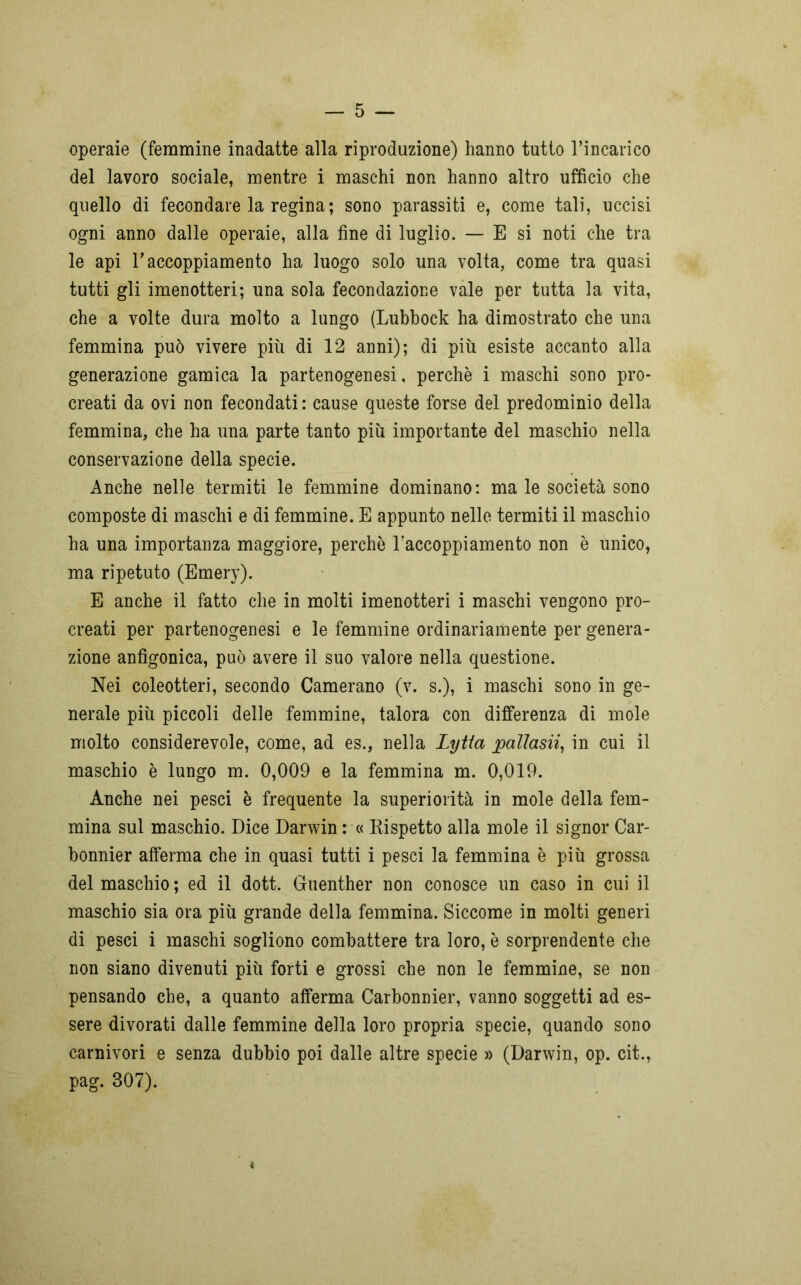 operaie (femmine inadatte alla riproduzione) hanno tutto l’incarico del lavoro sociale, mentre i maschi non hanno altro ufficio che quello di fecondare la regina ; sono parassiti e, come tali, uccisi ogni anno dalle operaie, alla fine di luglio. — E si noti che tra le api T accoppiamento ha luogo solo una volta, come tra quasi tutti gli imenotteri; una sola fecondazione vale per tutta la vita, che a volte dura molto a lungo (Lubbock ha dimostrato che una femmina può vivere più di 12 anni); di più esiste accanto alla generazione gamica la partenogenesi, perchè i maschi sono pro- creati da ovi non fecondati : cause queste forse del predominio della femmina, che ha una parte tanto più importante del maschio nella conservazione della specie. Anche nelle termiti le femmine dominano: ma le società sono composte di maschi e di femmine. E appunto nelle termiti il maschio ha una importanza maggiore, perchè l’accoppiamento non è unico, ma ripetuto (Emery). E anche il fatto che in molti imenotteri i maschi vengono pro- creati per partenogenesi e le femmine ordinariamente per genera- zione anfigonica, può avere il suo valore nella questione. Nei coleotteri, secondo Camerano (v. s.), i maschi sono in ge- nerale più piccoli delle femmine, talora con differenza di mole molto considerevole, come, ad es., nella Lytta pallasii, in cui il maschio è lungo m. 0,009 e la femmina m. 0,019. Anche nei pesci è frequente la superiorità in mole della fem- mina sul maschio. Dice Darwin : « Rispetto alla mole il signor Car- bonnier afferma che in quasi tutti i pesci la femmina è più grossa del maschio ; ed il dott. Guenther non conosce un caso in cui il maschio sia ora più grande della femmina. Siccome in molti generi di pesci i maschi sogliono combattere tra loro, è sorprendente che non siano divenuti più forti e grossi che non le femmine, se non pensando che, a quanto afferma Carbonnier, vanno soggetti ad es- sere divorati dalle femmine della loro propria specie, quando sono carnivori e senza dubbio poi dalle altre specie » (Darwin, op. cit., pag. 307).