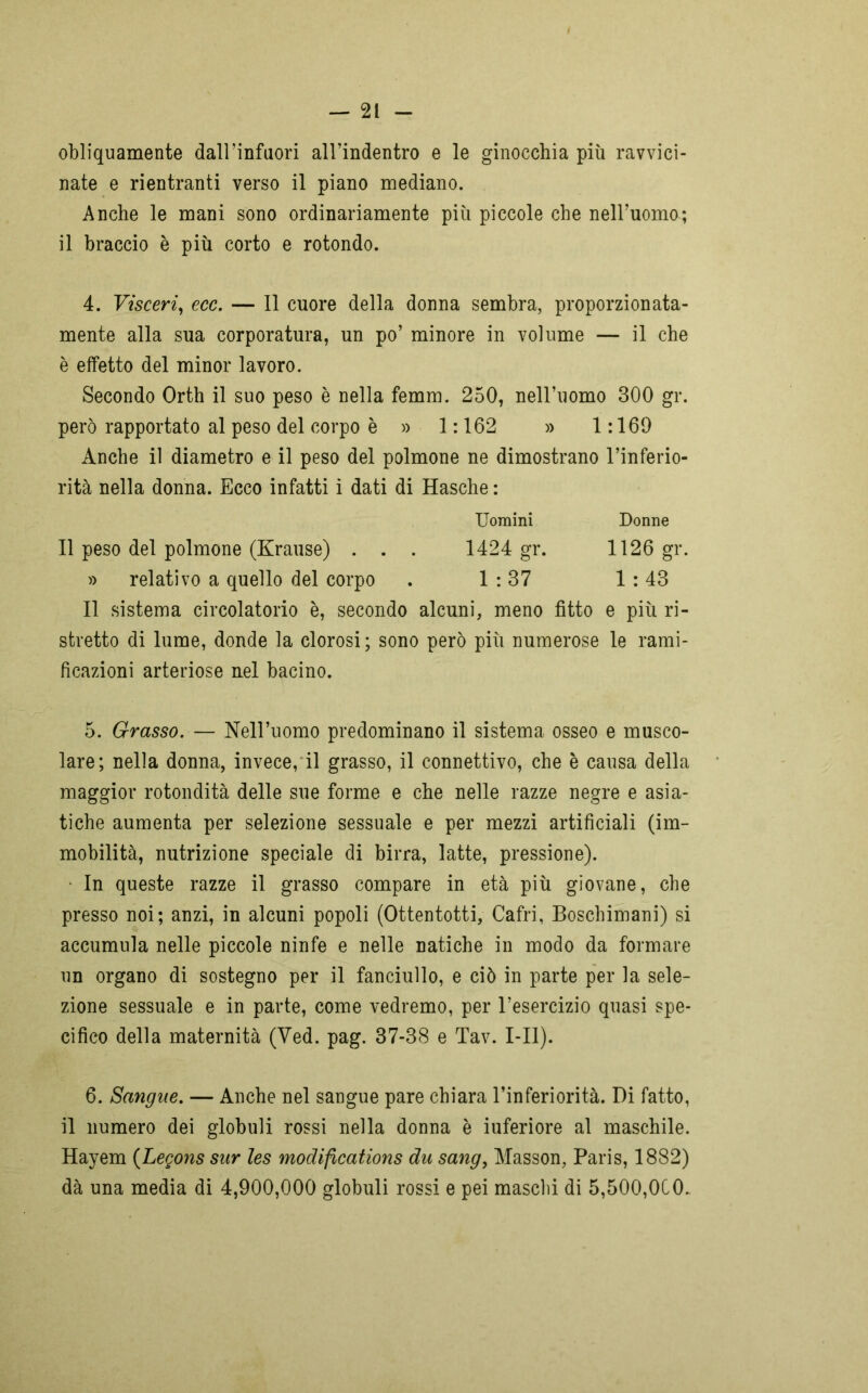 obliquamente dall’infuori all’indentro e le ginocchia più ravvici- nate e rientranti verso il piano mediano. Anche le mani sono ordinariamente più piccole che nell’uoma; il braccio è più corto e rotondo. 4. Visceri, ecc. — Il cuore della donna sembra, proporzionata- mente alla sua corporatura, un po’ minore in volume — il che è effetto del minor lavoro. Secondo Orth il suo peso è nella femm. 250, nell’uomo 300 gr. però rapportato al peso del corpo è » 1:162 » 1:169 Anche il diametro e il peso del polmone ne dimostrano l’inferio- rità nella donna. Ecco infatti i dati di Hasche : Uomini Donne Il peso del polmone (Krause) . . . 1424 gr. 1126 gr. » relativo a quello del corpo . 1:37 1:43 Il sistema circolatorio è, secondo alcuni, meno fitto e più ri- stretto di lume, donde la clorosi; sono però più numerose le rami- ficazioni arteriose nel bacino. 5. Grasso. — Nell’uomo predominano il sistema osseo e musco- lare; nella donna, invece, il grasso, il connettivo, che è causa della maggior rotondità delle sue forme e che nelle razze negre e asia- tiche aumenta per selezione sessuale e per mezzi artificiali (im- mobilità, nutrizione speciale di birra, latte, pressione). In queste razze il grasso compare in età più giovane, che presso noi; anzi, in alcuni popoli (Ottentotti, Cafri, Boschimani) si accumula nelle piccole ninfe e nelle natiche in modo da formare un organo di sostegno per il fanciullo, e ciò in parte per la sele- zione sessuale e in parte, come vedremo, per l’esercizio quasi spe- cifico della maternità (Ved. pag. 37-38 e Tav. I-II). 6. Sangue. — Anche nel sangue pare chiara l’inferiorità. Di fatto, il numero dei globuli rossi nella donna è iuferiore al maschile. Hayem (Legons sur les mocìifications du sang, Masson, Paris, 1882) dà una media di 4,900,000 globuli rossi e pei maschi di 5,500,0C0.