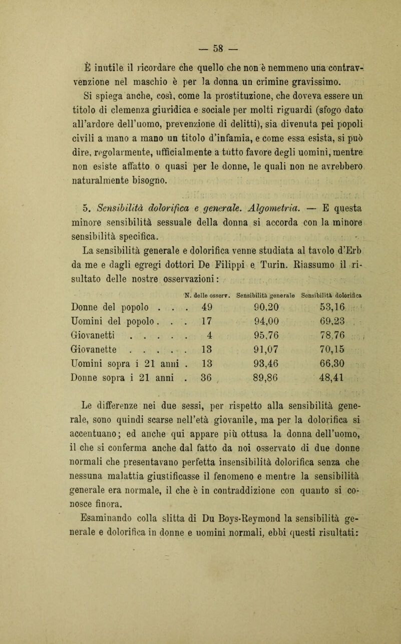 È inutile il ricordare che quello che non è nemmeno una contrav- venzione nel maschio è per la donna un crimine gravissimo. Si spiega anche, così, come la prostituzione, che doveva essere un titolo di clemenza giuridica e sociale per molti riguardi (sfogo dato all’ardore dell’uomo, prevenzione di delitti), sia divenuta pei popoli civili a mano a mano un titolo d’infamia, e come essa esista, si può dire, regolarmente, ufficialmente a tutto favore degli uomini, mentre non esiste affatto o quasi per le donne, le quali non ne avrebbero naturalmente bisogno. 5. Sensibilità dolorifica e generale. Algometria. — E questa minore sensibilità sessuale della donna si accorda con la minore sensibilità specifica. La sensibilità generale e dolorifica venne studiata al tavolo d’Erb da me e dagli egregi dottori De Filippi e Turin. Riassumo il ri- sultato delle nostre osservazioni: < r ' N. delle osserv. Sensibilità generale Sensibilità dolorifica Donne del popolo . . . 49 90,20 53,16 Uomini del popolo . . . 17 94,00 69,23 . Giovanetti .... 4 95,76 7876 Giovanette .... . 13 91,07 70,15 Uomini sopra i 21 anni . 13 93,46 66,30 Donne sopra i 21 anni . 36 89,86 48,41 Le differenze nei due sessi, per rispetto alla sensibilità gene- rale, sono quindi scarse nell’età giovanile, ma per la dolorifica si accentuano; ed anche qui appare più ottusa la donna dell’uomo, il che si conferma anche dal fatto da noi osservato di due donne normali che presentavano perfetta insensibilità dolorifica senza che nessuna malattia giustificasse il fenomeno e mentre la sensibilità generale era normale, il che è in contraddizione con quanto si co- nosce finora. Esaminando colla slitta di Du Boys-Reymond la sensibilità ge- nerale e dolorifica in donne e uomini normali, ebbi questi risultati: