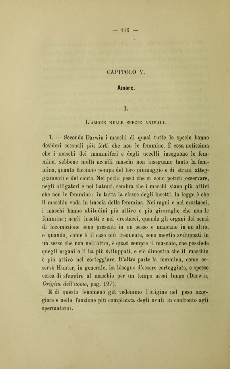 CAPITOLO Y. Amore. I. L’amore nelle specie animali. 1. — Secondo Darwin i maschi di quasi tutte le specie hanno desideri sessuali più forti che non le femmine. È cosa notissima che i maschi dei mammiferi e degli uccelli inseguono le fem- mine, sebbene molti uccelli maschi non inseguano tanto la fem- mina, quanto facciano pompa del loro piumaggio e di strani atteg- giamenti e del canto. Nei pochi pesci che si sono potuti osservare, negli alligatori e nei batraci, sembra che i maschi siano più attivi che non le femmine; in tutta la classe degli insetti, la legge è che il maschio vada in traccia della femmina. Nei ragni e nei crostacei, i maschi hanno abitudini più attive e più girovaghe che non le femmine; negli insetti e nei crostacei, quando gli organi dei sensi di locomozione sono presenti in un sesso e mancano in un altro, o quando, come è il caso più frequente, sono meglio sviluppati in un sesso che non nell’altro, è quasi sempre il maschio, che possiede quegli organi o li ha più sviluppati, e ciò dimostra che il maschio è più attivo nel corteggiare. D’altra parte la femmina, come os- servò Hunter, in generale, ha bisogno d’essere corteggiata, e spesso cerca di sfuggire al maschio per un tempo assai lungo (Darwin, Origine dell'uomo, pag. 197). E di questo fenomeno già vedemmo l’origine nel peso mag- giore e nella funzione più complicata degli ovuli in confronto agli spermatozoi.