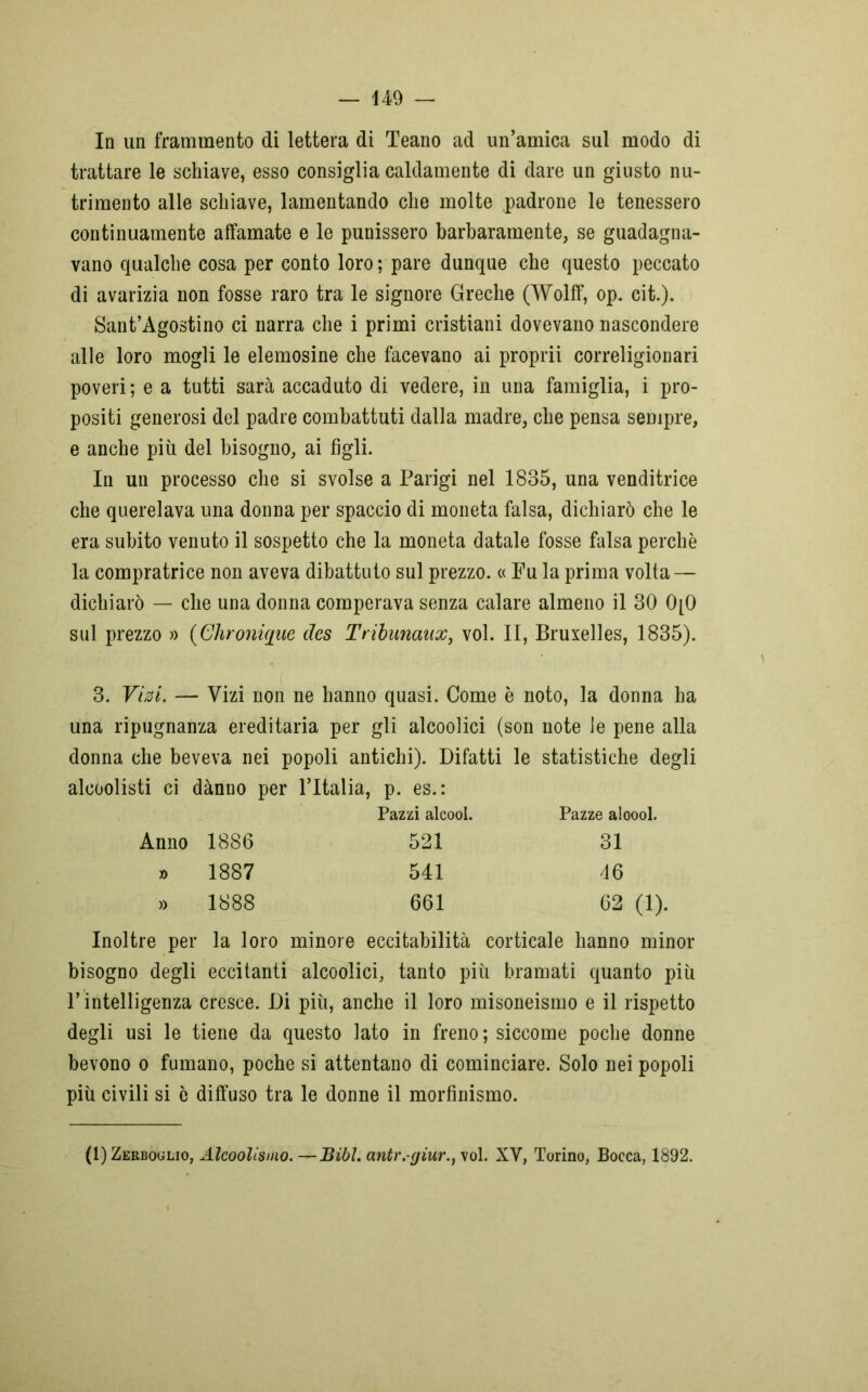 In un frammento di lettera di Teano ad un’amica sul modo di trattare le schiave, esso consiglia caldamente di dare un giusto nu- trimento alle schiave, lamentando che molte padrone le tenessero continuamente affamate e le punissero barbaramente, se guadagna- vano qualche cosa per conto loro; pare dunque che questo peccato di avarizia non fosse raro tra le signore Greche (Wolff, op. cit.). Sant’Agostino ci narra che i primi cristiani dovevano nascondere alle loro mogli le elemosine che facevano ai proprii correligionari poveri ; e a tutti sarà accaduto di vedere, in una famiglia, i pro- positi generosi del padre combattuti dalla madre, che pensa sempre, e anche più del bisogno, ai figli. In un processo che si svolse a Parigi nel 1835, una venditrice che querelava una donna per spaccio di moneta falsa, dichiarò che le era subito venuto il sospetto che la moneta datale fosse falsa perchè la compratrice non aveva dibattuto sul prezzo. « Fu la prima volta — dichiarò — che una donna comperava senza calare almeno il 30 0[0 sul prezzo » (Clironiqiie des Tribunaux, voi. II, Bruxelles, 1835). 3. Vizi. — Vizi non ne hanno quasi. Come è noto, la donna ha una ripugnanza ereditaria per gli alcoolici (son note le pene alla donna che beveva nei popoli antichi). Difatti le statistiche degli alcoolisti ci dànno per l’Italia, p. es.: Pazzi alcool. Pazze aloool. Anno 1886 521 » 1887 541 » 1888 661 31 46 62 (1). Inoltre per la loro minore eccitabilità corticale hanno minor bisogno degli eccitanti alcoolici, tanto più bramati quanto più l’intelligenza cresce. Di più, anche il loro misoneismo e il rispetto degli usi le tiene da questo lato in freno ; siccome poche donne bevono o fumano, poche si attentano di cominciare. Solo nei popoli più civili si ò diffuso tra le donne il morfinismo. \ (1) Zerboulio, Alcoolismo. —Bibl. antr.-giur., voi. XV, Torino, Bocca, 1892.