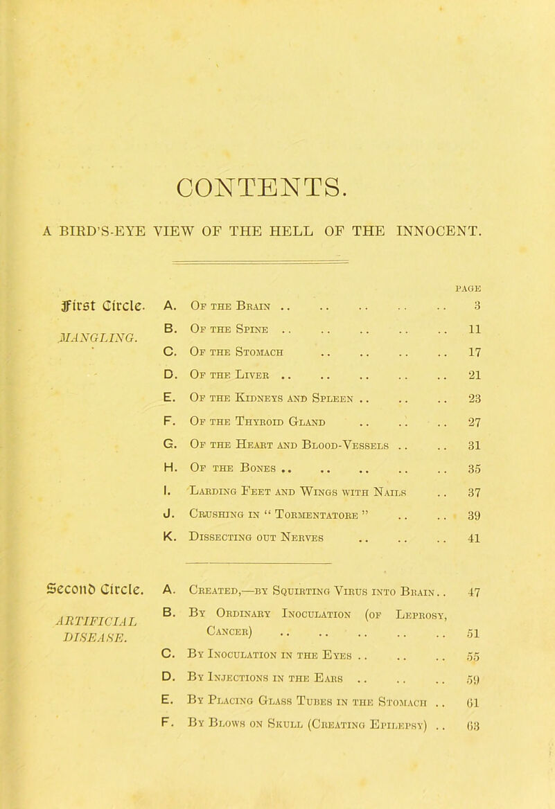 CONTENTS A BIRD’S-EYE VIEW OF THE HELL OF THE INNOCENT. ffirst Circle- MANGLING. A. Of the Brain .. PAGE 3 B. Op the Spine .. 11 C. Of the Stomach .. 17 D. Of the Liver .. 21 E. Of the Kidneys and Spleen .. 23 F. Of the Thyroid Gland .. 27 G. Of the Heart and Blood-Vessels .. .. 31 H. Of the Bones .. 1. Larding Feet and Wings with Nails .. 37 J. Crushing in “ Tormentatobe ” .. 39 K. Dissecting out Nerves 41 Second Circle. ARTIFICIAL DISEASE. A. Created,—by Squirting Virus into Brain. . 47 B. By Ordinary Inoculation (of Leprosy, Cancer) .. .. .. .. .. gi C. By Inoculation in the Eyes .. .. .. .55 D. By Injections in the Ears .. .. .. ’A) E. By Placing Glass Tubes in the Stomach .. Gl F. By Blows ON Skull (Creating Epilepsy) .. G.S