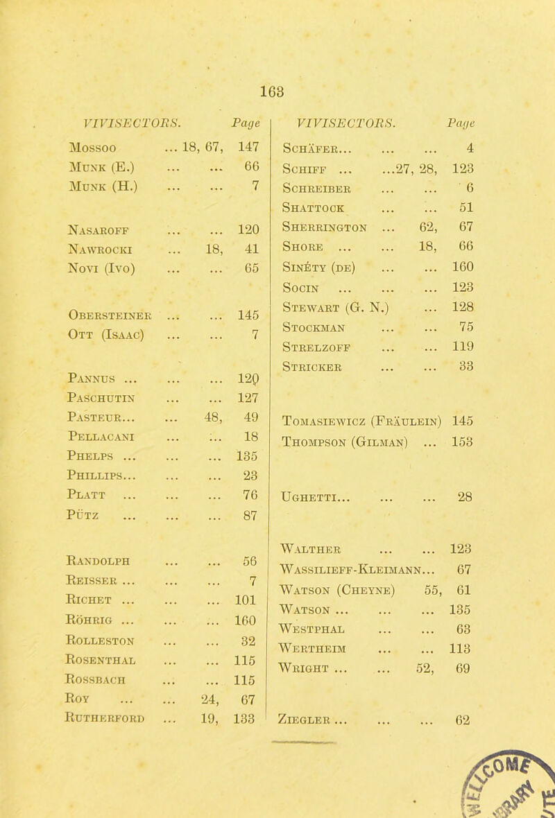 VIVISECTOIIS. ilossoo ... 18, 67, Page 147 Mdnk (E.) ... 6G Munk (H.) ... 7 NaS.4ROFF 120 Nawrocki 18, 41 Novi (Ivo) 65 Obersteiner ... 145 Ott (Is.\ac) ... 7 Pannds ... 12P Paschutin ... 127 P.ASTEUR... 48, 49 Pellac.ani ... 18 Phelps ... ... 135 Phillips... 23 Platt 76 PUTZ 87 VIVISECTOIIS. Page Schafer ... 4 Schiff ... ...27, 28, 123 SCHREIBER 6 Shattock ... 51 Sherrington ... 62, 67 Shore ... 18, 66 SiNiiTY (de) 160 SociN ... 123 Stewart (G. N.) ... 128 Stockman ... 75 Strelzoff 119 Stricken 33 Tomasiewicz (Fraulein) 145 Thompson (Gilman) ... 153 Ughetti... ... ... 28 Randolph Eeisser ... Richet ... Rohrig ... Rolleston Rosenthal Rossbaoh Roy Rutherford 56 ... 7 101 160 32 115 ... 115 24, 67 19, 133 Walther 123 Wassilieff- Kle im an n ... 67 Watson (Cheyne) 55, 61 Watson ... 135 Westphal 63 Wertheim 113 Wright 52, 69 Ziegler 62