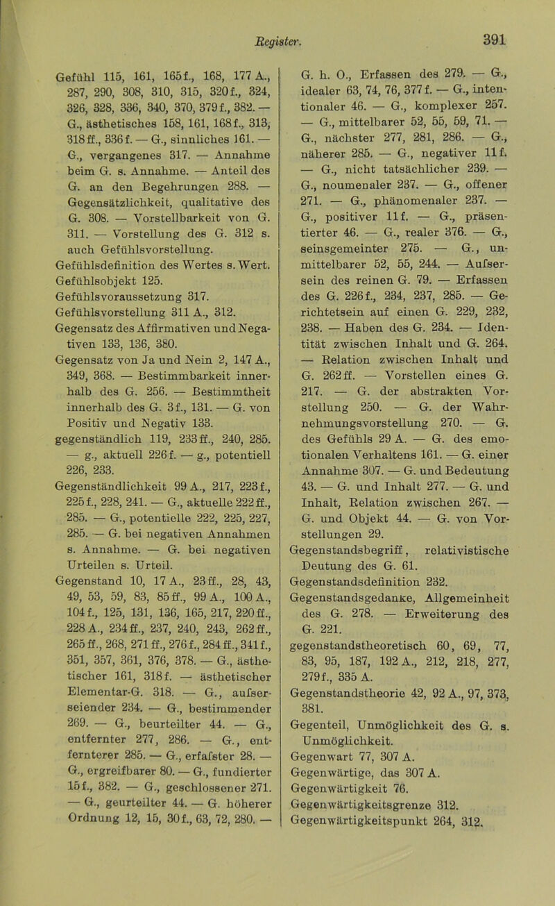Gefühl 115, 161, 165 f., 168, 177 A., 287, 290, 308, 310, 315, 320 f., 324, 326, 328, 336, 340, 370, 379 f., 382.— G., ästhetisches 158, 161, 168 f., 313, 318 ff., 336 f. — G., sinnliches 161. — G., vergangenes 317. — Annahme heim G. s. Annahme. — Anteil des G. an den Begehrungen 288. — Gegensätzlichkeit, qualitative des G. 308. — Vorstellbarkeit von G. 311. — Vorstellung des G. 312 s. auch Gefühlsvorstellung. Gefühlsdefinition des Wertes s.Wert. Gefühlsobjekt 125. Gefühlsvoraussetzung 317. Gefühlsvorstellung 311 A., 312. Gegensatz des Affirmativen und Nega- tiven 133, 136, 380. Gegensatz von Ja und Nein 2, 147 A., 349, 368. — Bestimmbarkeit inner- halb des G. 256. — Bestimmtheit innerhalb des G. 3f., 131. — G. von Positiv und Negativ 133. gegenständlich 119, 233 ff., 240, 285. — g., aktuell 226 f. —g., potentiell 226, 233. Gegenständlichkeit 99 A., 217, 223 f., 225 t, 228, 241. — G., aktuelle 222 ff., 285. — G., potentielle 222, 225, 227, 285. — G. bei negativen Annahmen s. Annahme. — G. bei negativen Urteilen s. Urteil. Gegenstand 10, 17 A., 23 ff., 28, 43, 49, 53, 59, 83, 85 ff., 99 A., 100 A., 104 f., 125, 131, 136, 165, 217, 220 ff., 228 A., 234 ff., 237, 240, 243, 262 ff., 265 ff., 268, 271 ff., 276 f., 284 ff., 341 f., 351, 357, 361, 376, 378. — G., ästhe- tischer 161, 318 f. — ästhetischer Elementar-G. 318. — G., aufser- seiender 234. — G., bestimmender 269. — G., beurteilter 44. — G., entfernter 277, 286. — G., ent- fernterer 285. — G., erfafster 28. — G., ergreifbarer 80. — G., fundierter 15f., 382. — G., geschlossener 271. — G., geurteilter 44. — G. höherer Ordnung 12, 15, 301, 63, 72, 280. — G. h. O., Erfassen des 279. — G., idealer 63, 74, 76, 377 f. — G., inten- tionaler 46. — G., komplexer 257. — G., mittelbarer 52, 55, 59, 71. — G., nächster 277, 281, 286. — G., näherer 285. — G., negativer 111 — G-, nicht tatsächlicher 239. — G., noumenaler 237. — G., offener 271. — G., phänomenaler 237. — G., positiver 111 — G., präsen- tierter 46. — G., realer 376. — G., seinsgemeinter 275. — G., un- mittelbarer 52, 55, 244. — Aufser- sein des reinen G. 79. — Erfassen des G. 2261, 234, 237, 285. — Ge- richtetsein auf einen G. 229, 232, 238. — Haben des G. 234. — Iden- tität zwischen Inhalt und G. 264. — Belation zwischen Inhalt und G. 262 ff. — Vorstellen eines G. 217. — G. der abstrakten Vor- stellung 250. — G. der Wahr- nehmungsvorstellung 270. — G. des Gefühls 29 A. — G. des emo- tionalen Verhaltens 161. — G. einer Annahme 307. — G. und Bedeutung 43. — G. und Inhalt 277. — G. und Inhalt, Belation zwischen 267. — G. und Objekt 44. — G. von Vor- stellungen 29. Gegenstandsbegriff, relativistische Deutung des G. 61. Gegenstandsdefinition 232. Gegenstandsgedanxe, Allgemeinheit des G. 278. — Erweiterung des G. 221. gegenstandstheoretisch 60, 69, 77, 83, 95, 187, 192 A., 212, 218, 277, 279 f., 335 A. Gegenstandstheorie 42, 92 A., 97, 373, 381. Gegenteil, Unmöglichkeit des G. s. U nmöglichkeit. Gegenwart 77, 307 A. Gegenwärtige, das 307 A. Gegenwärtigkeit 76. Gegenwärtigkeitsgrenze 312. Gegenwärtigkeitspunkt 264, 312.