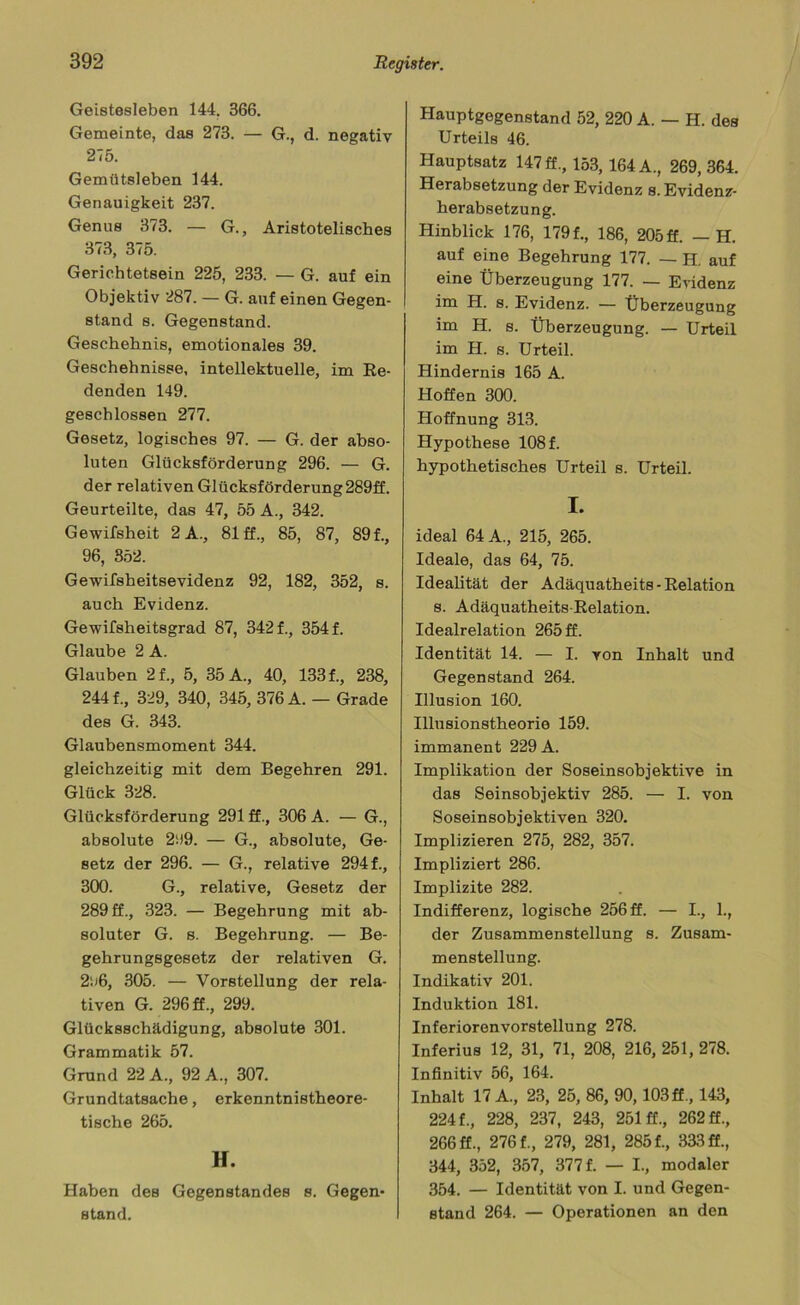Geistesleben 144. 366. Gemeinte, das 273. — G., d. negativ 275. Gemütsleben 144. Genauigkeit 237. Genus 373. — G., Aristotelisches 373, 375. Gerichtetsein 225, 233. — G. auf ein Objektiv 287. — G. auf einen Gegen- stand s. Gegenstand. Geschehnis, emotionales 39. Geschehnisse, intellektuelle, im Re- denden 149. geschlossen 277. Gesetz, logisches 97. — G. der abso- luten Glücksförderung 296. — G. der relativen Glücksförderung289ff. Geurteilte, das 47, 55 A., 342. Gewifsheit 2 A., 81 ff., 85, 87, 89f., 96, 852. Gewifsheitsevidenz 92, 182, 352, s. auch Evidenz. Gewifsheitsgrad 87, 342 f., 354 f. Glaube 2 A. Glauben 2 f., 5, 35 A., 40, 133 f., 238, 244 f, 329, 340, 345, 376 A. — Grade des G. 343. Glaubensmoment 344. gleichzeitig mit dem Begehren 291. Glück 328. Glücksförderung 291 ff., 306 A. — G., absolute 2ü9. — G., absolute, Ge- setz der 296. — G., relative 294 f., 300. G., relative, Gesetz der 289 ff., 323. — Begehrung mit ab- soluter G. s. Begehrung. — Be- gehrungsgesetz der relativen G. 2'.i6, 305. — Vorstellung der rela- tiven G. 296 ff., 299. Glücksschädigung, absolute 301. Grammatik 57. Grund 22 A., 92 A., 307. Grundtatsache, erkenntnistheore- tische 265. H. Haben deB Gegenstandes s. Gegen- stand. Hauptgegenstand 52, 220 A. — H. des Urteils 46. Hauptsatz 147 ff., 153, 164 A., 269,364. Herabsetzung der Evidenz s. Evidenz- herabsetzung. Hinblick 176, 179f., 186, 205ff. — H. auf eine Begehrung 177. — H. auf eine Überzeugung 177. — Evidenz im H. s. Evidenz. — Überzeugung im H. s. Überzeugung. — Urteil im H. s. Urteil. Hindernis 165 A. Hoffen 300. Hoffnung 313. Hypothese 108 f. hypothetisches Urteil s. Urteil. I. ideal 64 A., 215, 265. Ideale, das 64, 75. Idealität der Adäquatheits-Relation s. Adäquatheits Relation. Idealrelation 265 ff. Identität 14. — I. yon Inhalt und Gegenstand 264. Illusion 160. Illusionstheorie 159. immanent 229 A. Implikation der Soseinsobjektive in das Seinsobjektiv 285. — I. von Soseinsobjektiven 320. Implizieren 275, 282, 357. Impliziert 286. Implizite 282. Indifferenz, logische 256 ff. — I., 1., der Zusammenstellung s. Zusam- menstellung. Indikativ 201. Induktion 181. Inferiorenvorstellung 278. Inferius 12, 31, 71, 208, 216, 251, 278. Infinitiv 56, 164. Inhalt 17 A., 23, 25, 86, 90,103 ff., 143, 224 f., 228, 237, 243, 251 ff., 262 ff., 266 ff., 276 f., 279, 281, 2851, 333 ff., 344, 352, 357, 3771 — I., modaler 354. — Identität von I. und Gegen- stand 264. — Operationen an den