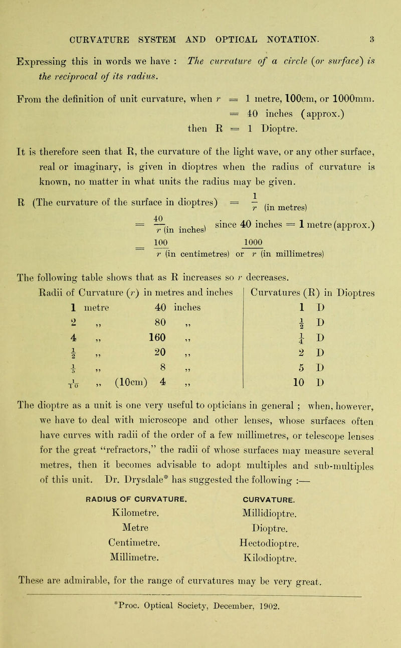 Expressing this in words wre have : The curvature of a circle (or surface) is the reciprocal of its radius. From the definition of unit curvature, when r = 1 metre, 100cm, or 1000mm. = 40 inches (approx.) then R = 1 Dioptre. It is therefore seen that R, the curvature of the light wave, or any other surface, real or imaginary, is given in dioj)tres when the radius of curvature is known, no matter in what units the radius may be given. R (The curvature of the surface in dioptres) = me|.regj 40 =; ~in ^^08) since 40 inches = 1 metre (approx.) 100 1000 r (in centimetres) or r (in millimetres) The following table shows that as R increases so r decreases. Radii of Curvature (r) in metres and inches 1 metre 40 inches 2 4 1 2 1 5 TO 80 160 20 8 (10cm) 4 Curvatures (R) in Dioptres 1 D i D 1 D 10 The dioptre as a unit is one very useful to opticians in general ; when, however, we have to deal with microscope and other lenses, whose surfaces often have curves with radii of the order of a few millimetres, or telescope lenses for the great “refractors,” the radii of whose surfaces may measure several metres, then it becomes advisable to adopt multiples and sub-multiples of this unit. Dr. Drysdale* has suggested the following :— RADIUS OF CURVATURE. Kilometre. Metre Centimetre. Millimetre. CURVATURE. Millidioptre. Dioptre. Hectodioptre. Kilodioptre. These are admirable, for the range of curvatures may be very great. Proc. Optical Society, December, 1902.