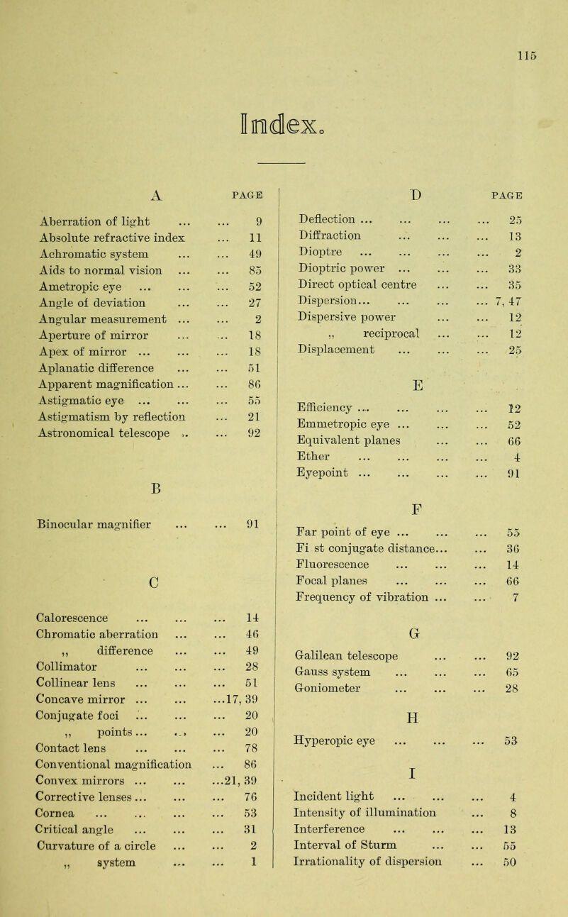 O A PAGE Aberration of light 9 Absolute refractive index 11 Achromatic system ... 49 Aids to normal vision ... 85 Ametropic eye 52 Angle of deviation 27 Ang'ular measurement ... 2 Aperture of mirror ... 18 Apex of mirror ... ... 18 Aplanatic difference ... 51 Apparent magnification ... ... 86 Astigmatic eye 55 Astigmatism by reflection 21 Astronomical telescope >. ... 92 B Binocular magnifier ... 91 c Calorescence 14 Chromatic aberration ... 46 ,, difference ... 49 Collimator ... 28 Collinear lens ... 51 Concave mirror ... ...17, 39 Conjugate foci ... 20 ,, points... ... ... 20 Contact lens ... 78 Conventional magnification ... 86 Convex mirrors ...21, 39 Correct ive lenses .. . ... 76 Cornea ... 53 Critical angle ... 31 Curvature of a circle 2 „ system 1 D PAGE Deflection ... ... 25 Diffraction ... 13 Dioptre 2 Dioptric power 33 Direct optical centre 35 Dispersion... ... 7,47 Dispersive power 12 ,, reciprocal ... 12 Displacement ... 25 E Efficiency .... ... ... 52 Emmetropic eye ... 52 Equivalent planes ... 66 Ether 4 Eyepoint ... ... 91 F Far point of eye ... 55 Fi st conjugate distance... ... 36 Fluorescence ... 14 Focal planes ... 66 Frequency of vibration ... 7 G Galilean telescope ... 92 Gfauss system 65 Goniometer ... 28 H Hyperopic eye ... 53 I In cident light 4 Intensity of illumination 8 Interference 13 Interval of Sturm 55 Irrationality of dispersion ... 50