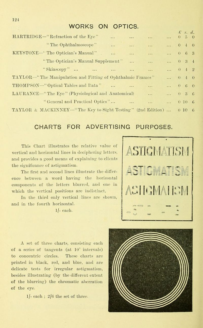 WORKS ON OPTICS. £ s. &. HARTRLDGrE—“ Refraction of the Eye” ... ... ... ... 0 5 0 “ The Ophthalmoscope ” ... ... ... ... 0 4 0 KEYSTONE—“ The Optician’s Manual” ... ... ... ... 0 6 3 “ The Optician’s Manual Supplement’’ ... ... ... 0 3 4 “Skiascopy” ... ... ... ... ... ... 0 4 2 TAYLOR—“ The Manipulation and Fitting- of Ophthalmic Frames” ... 0 4 0 THOMPSON—“ Optical Tables and Data ” ... ... ... ... 0 6 0 LATJRANCE—“ The Eye” (Physiological and Anatomical) ... ... 0 3 6 “ G-eneral and Practical Optics” ... ... ... ... 0 10 6 TAYLOR & MACKINNEY—“ The Key to Sight Testing ” (2pd Edition) ... 0 10 6 CHARTS FOR ADVERTISING PURPOSES. This Chart illustrates the relative value of vertical and horizontal lines in deciphering’ letters, and provides a g-ood means of explaining’ to clients the significance of astigmatism. The first and second lines illustrate the differ- ence between a word having the horizontal components of the letters blurred, and one in which the vertical positions are indistinct. In the third only vertical lines are shown, and in the fourth horizontal. I/- each. A set of three charts, consisting each of a series of tangents (at 10° intervals) to concentric circles. These charts are printed in black, red, and blue, and are delicate tests for irregular astigmatism, besides illustrating (by the different extent of the blurring) the chromatic aberration of the eye. 1/- each ; 2/6 the set of three. ASTIGMATISM ASTIGMATISM ASIIGMAIISM