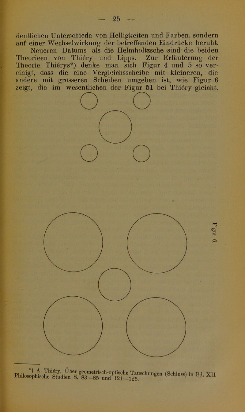 deutlichen Unterschiede von Helligkeiten und Farben, sondern auf einer Wechselwirkung der betreffenden Eindrücke beruht. Neueren Datums als die Helmholtzsche sind die beiden Theorieen von Thiery und Lipps. Zur Erläuterung der Theorie Thierys*) denke man sich Figur 4 und 5 so ver- einigt, dass die eine Vergleichsscheibe mit kleineren, die andere mit grösseren Scheiben umgeben ist, wie Figur 6 zeigt, die im wesentlichen der Figur 51 bei Thiery gleicht.