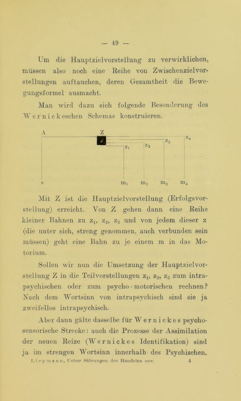 Um die Hauptzielvorstellung zu verwirklichen, müssen also noch eine Reihe von Zwisehenzielvorr Stellungen auftauchen, deren Gesamtheit die Bewe- gungsformel ausmacht. Man wird dazu sich folgende Besonderung des W er nickeschen Schemas konstruieren. s m2 ni3 m4 INIit Z ist die Hauptzielvorstellung (Erfolgsvor- stellung) erreicht. Von Z gehen dann eine Reihe kleiner Bahnen zu zu z2, z3 und von jedem dieser z (die unter sich, streng genommen, auch verbunden sein müssen) geht eine Bahn zu je einem m in das Mo- torium. Sollen wir nun die Umsetzung der Hauptzielvor- stellung Z in die Teilvorstellungen zl3 z2, z3 zum intra- psychischen oder zum psycho - motorischen rechnen ? Nach dem Wortsinn von intrapsychisch sind sie ja zweifellos intr apsychisch. Aber dann gälte dasselbe für Wernickes psycho- sensorische Strecke: auch die Prozesse der Assimilation der neuen Reize (Wernickes Identifikation) sind ja im strengen Wortsinn innerhalb des Psychischen. Li op mann, Ueber Störungen des Handelns usw. 4