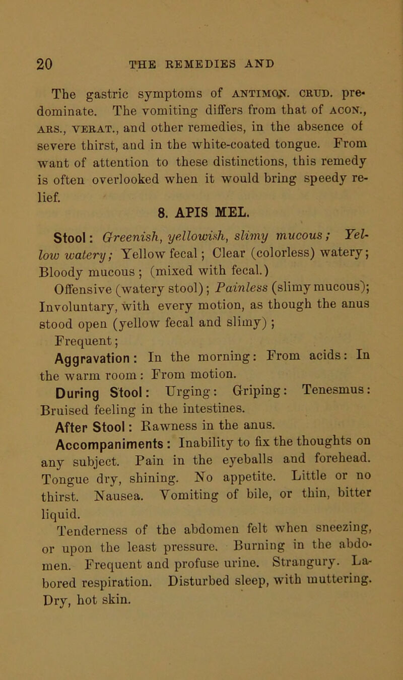 The gastric symptoms of antimqn. crxjd. pre- dominate. The vomiting differs from that of acon., ars., verat., and other remedies, in the absence ot severe thirst, and in the white-coated tongue. From want of attention to these distinctions, this remedy is often overlooked when it would bring speedy re- lief. 8. APIS MEL. Stool: Greenish, yellowish, slimy mucous ; Yel- low watery; Yellow fecal; Clear (colorless) watery; Bloody mucous ; (mixed with fecal.) Offensive (watery stool); Painless (slimy mucous); Involuntary, with every motion, as though the anus stood open (yellow fecal and slimy) ; Frequent; Aggravation: In the morning: From acids: In the warm room : From motion. During Stool: Urging: Griping: Tenesmus: Bruised feeling in the intestines. After Stool: Rawness in the anus. Accompaniments : Inability to fix the thoughts on any subject. Pain in the eyeballs and forehead. Tongue dry, shining. No appetite. Little or no thirst. Nausea. Vomiting of bile, or thin, bitter liquid. Tenderness of the abdomen felt when sneezing, or upon the least pressure. Burning in the abdo- men. Frequent and profuse urine. Strangury. La- bored respiration. Disturbed sleep, with muttering. Dry, hot skin.