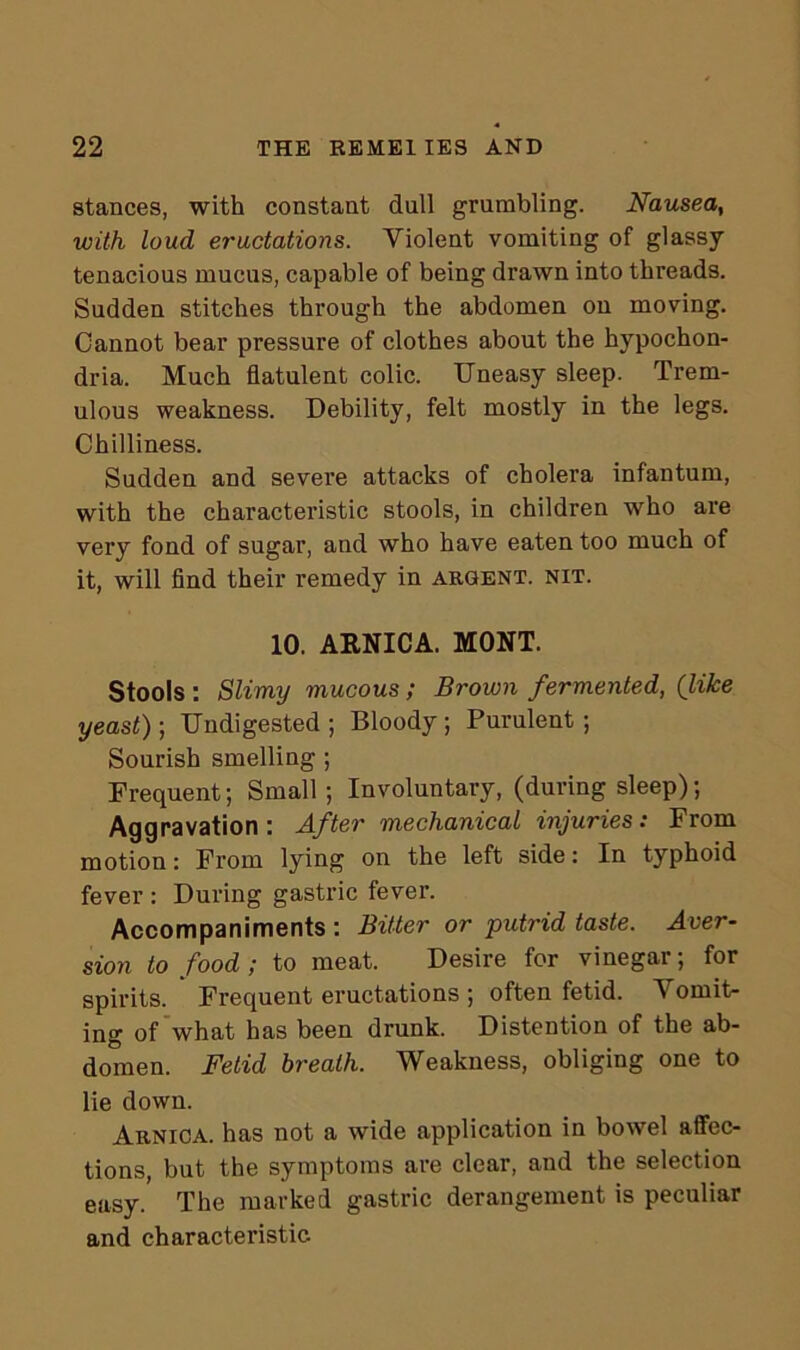 stances, with constant dull grumbling. Nausea, with loud eructations. Violent vomiting of glassy tenacious mucus, capable of being drawn into threads. Sudden stitches through the abdomen on moving. Cannot bear pressure of clothes about the hypochon- dria. Much flatulent colic. Uneasy sleep. Trem- ulous weakness. Debility, felt mostly in the legs. Chilliness. Sudden and severe attacks of cholera infantum, with the characteristic stools, in children who are very fond of sugar, and who have eaten too much of it, will find their remedy in argent, nit. 10. ARNICA. MONT. Stools : Slimy mucous ; Broum fermented, (like yeast)] Undigested; Bloody; Purulent; Sourish smelling ; Frequent; Small ; Involuntary, (during sleep); Aggravation : After mechanical injuries: From motion: From lying on the left side: In typhoid fever : During gastric fever. Accompaniments : Bitter or putrid taste. Aver- sion to food ; to meat. Desire for vinegar; for spirits. Frequent eructations ; often fetid. Vomit- ing of what has been drunk. Distention of the ab- domen. Fetid breath. Weakness, obliging one to lie down. Arnica, has not a wide application in bowel affec- tions, but the symptoms are clear, and the selection easy. The marked gastric derangement is peculiar and characteristic