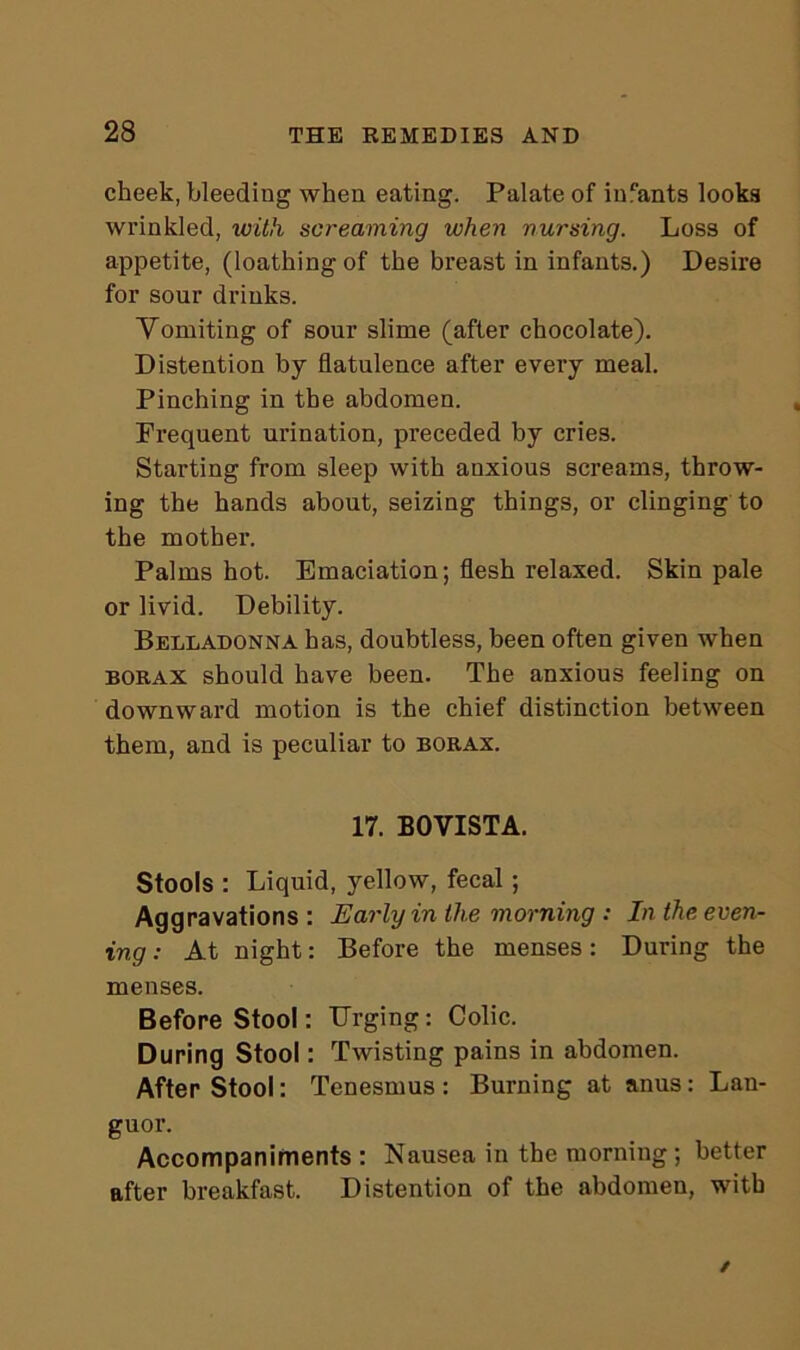 cheek, bleeding when eating. Palate of infants looks wrinkled, with screaming when nursing. Loss of appetite, (loathing of the breast in infants.) Desire for sour drinks. Vomiting of sour slime (after chocolate). Distention by flatulence after every meal. Pinching in the abdomen. Frequent urination, preceded by cries. Starting from sleep with anxious screams, throw- ing the hands about, seizing things, or clinging to the mother. Palms hot. Emaciation; flesh relaxed. Skin pale or livid. Debility. Belladonna has, doubtless, been often given when borax should have been. The anxious feeling on downward motion is the chief distinction between them, and is peculiar to borax. 17. BOVISTA. Stools : Liquid, yellow, fecal; Aggravations : Early in the morning : In the even- ing : At night: Before the menses: During the menses. Before Stool: Urging: Colic. During Stool: Twisting pains in abdomen. After Stool: Tenesmus : Burning at anus: Lan- guor. Accompaniments: Nausea in the morning ; better after breakfast. Distention of the abdomen, with