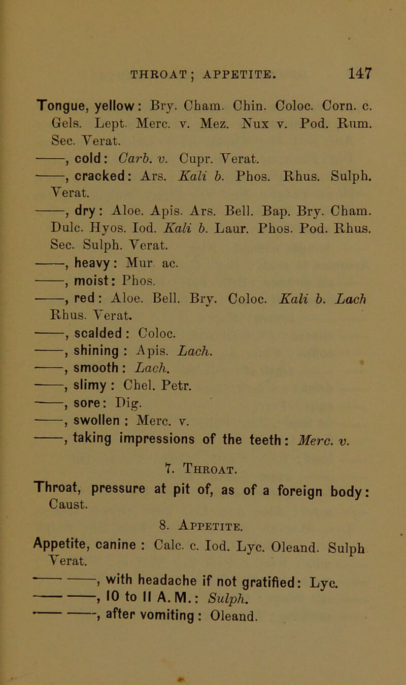 Tongue, yellow: Bry. Cham. Chin. Coloc. Corn. c. Gels. Lept. Merc. v. Mez. Nux v. Pod. Rum. Sec. Yerat. , cold: Garb. v. Cupr. Verat. ■ , cracked: Ars. Kali b. Phos. Rhus. Sulph. Yerat. , dry: Aloe. Apis. Ars. Bell. Bap. Bry. Cham. Dulc. Hyos. Iod. Kali b. Laur. Phos. Pod. Rhus. Sec. Sulph. Yerat. , heavy : Mur ac. , moist: Phos. , red : Aloe. Bell. Bry. Coloc. Kali b. Lack Rhus. Yerat. , scalded : Coloc. , shining : Apis. Lack. , smooth : Lacli. , slimy : Chel. Petr. , sore: Dig. , swollen : Merc. v. , taking impressions of the teeth: Merc. v. 1. Throat. Throat, pressure at pit of, as of a foreign body: Caust. 8. Appetite. Appetite, canine : Calc. c. Iod. Lyc. Oleand. Sulph Yerat.  j w<th headache if not gratified: Lyc. » 10 to II A. M.: Sulph. , after vomiting : Oleand.