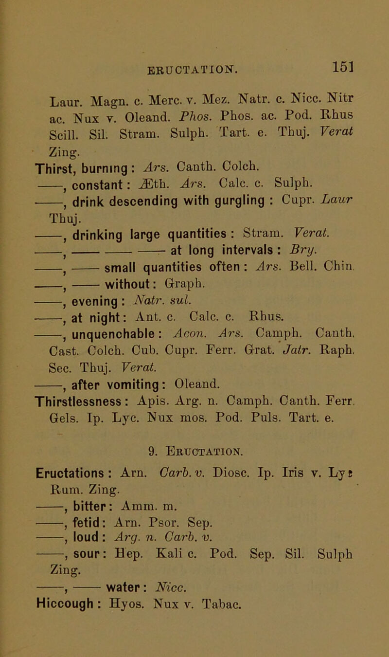 ERUCTATION. Laur. Magn. c. Merc. v. Mez. Natr. c. Nice. Nitr ac. Nux v. Oleand. Phos. Phos. ac. Pod. Rhus Scill. Sil. Stram. Sulph. Tart. e. Thuj. Verat Ziug. Thirst, burning : Ars. Cauth. Colch. , constant: iEth. Ars. Calc. c. Sulph. , drink descending with gurgling : Cupr. Laur Thuj. , drinking large quantities : Stram. Verat. 1 at long intervals : Bry. f small quantities often : Ars. Bell. Chin , without: Graph. , evening : Natr. sul. , at night: Ant. c. Calc. c. Rhus. , unquenchable: Aeon. Ars. Camph. Cauth. Cast. Colch. Cub. Cupr. Ferr. Grat. Jatr. Raph. Sec. Thuj. Verat. , after vomiting : Oleand. Thirstlessness: Apis. Arg. n. Camph. Canth. Ferr. Gels. Ip. Lyc. Nux mos. Pod. Puls. Tart. e. 9. Eructation. Eructations: Arn. Carb.v. Diosc. Ip. Iris v. Lye Rum. Zing. , bitter: Arum. m. , fetid: A rn. Psor. Sep. , loud : Arg. n. Garb. v. , sour: Hep. Kali c. Pod. Sep. Sil. Sulph Zing. , water : Nice. Hiccough : Hyos. Nux v. Tabac.
