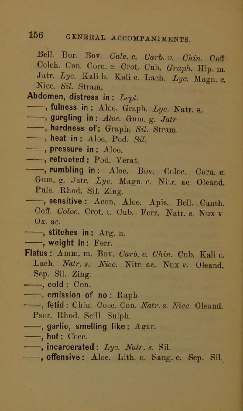 Bell. Bor. Bov. Calc. c. Carb. v. Chin. Coff Colch. Con. Corn. c. Crot. Cub. Graph. Hip. m. Jatr. Lye. Kali b. Kali c. Lach. Lye. Magn. c. Nice. Sil. Strain. Abdomen, distress in: Lept. , fulness in : Aloe. Graph. Lye. Natr. s. > (jurgling • -Aloe. Gum. g. Jatr , hardness of: Graph. Sil. Strain. , heat in : Aloe. Pod. Sil. ■ , pressure in : Aloe. , retracted : Pod. Yerat. , rumbling in: Aloe. Bov. Coloc. Corn. c. Gum. g. Jatr. Lye. Magn. c. Nitr. ac. Oleand. Puls. Rhod. Sil. Zing. , sensitive: Aeon. Aloe. Apis. Bell. Canth. Colt. Coloc. Crot. t. Cub. Ferr. Natr. s. Nux v Ox. ac. , stitches in : Arg. n. ■ , weight in: Ferr. Flatus: A mm. m. Bov. Carb.v. Chin. Cub. Kali c. Lach. Natr. s. Nice. Nitr. ac. Nux v. Oleand. Sep. Sil. Zing. , cold : Con. , emission of no : Raph. , fetid: Chin. Cocc. Con. Natr. s. Nice. Oleand. Psor. Rhod. Scill. Sulph. , garlic, smelling like: Agar. , hot: Cocc. , incarcerated : Lye. Natr. s. Sil. , offensive: Aloe. Lith. c. Sang. c. Sep. Sil.