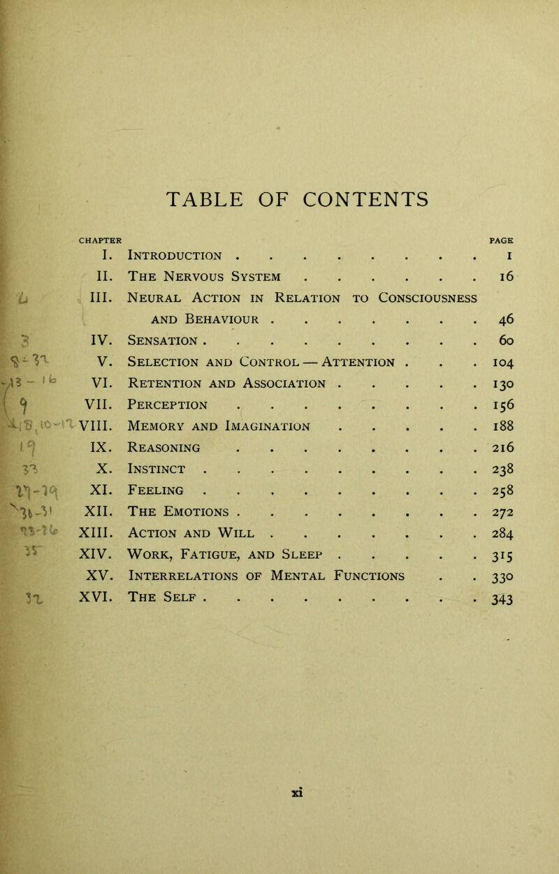 TABLE OF CONTENTS CHAPTER PAGE I. Introduction . I II. The Nervous System i6 u III. Neural Action in Relation to Consciousness AND Behaviour . 46 IV. Sensation .... 60 V. Selection and Control — Attention . 104 VI. Retention and Association 130 ( VII. Perception 156 ■'I VIII. Memory and Imagination 188 1 IX. Reasoning 216 X. Instinct .... 238 XI. Feeling .... 258 XII. The Emotions . 272 XIII. Action and Will . 284 XIV. Work, Fatigue, and Sleep 315 XV. Interrelations of Mental Functions 330 ’j'L XVI. The Self .... 343