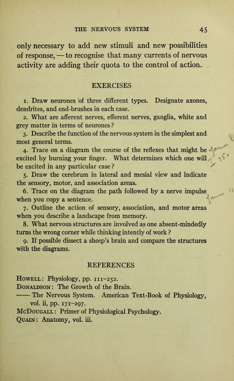 only necessary to add new stimuli and new possibilities of response, — to recognise that many currents of nervous activity are adding their quota to the control of action. EXERCISES 1. Draw neurones of three different types. Designate axones, dendrites, and end-brushes in each case. 2. What are afferent nerves, efferent nerves, ganglia, white and grey matter in terms of neurones ? 3. Describe the function of the nervous system in the simplest and most general terms. 4. Trace on a diagram the course of the reflexes that might be excited by burning your finger. What determines which one will^^ be excited in any particular case ? / 5. Draw the cerebrum in lateral and mesial view and indicate the sensory, motor, and association areas. 6. Trace on the diagram the path followed by a nerve impulse when you copy a sentence. 7. Outline the action of sensory, association, and motor areas when you describe a landscape from memory. 8. What nervous structures are involved as one absent-mindedly turns the wrong corner while thinking intently of work ? 9. If possible dissect a sheep’s brain and compare the structures with the diagrams. REFERENCES Howell: Physiology, pp. 111-252. Donaldson : The Growth of the Brain. The Nervous System. American Text-Book of Physiology, voL ii, pp. 171-297. McDougall : Primer of Physiological Psychology. Quain: Anatomy, vol. iii.