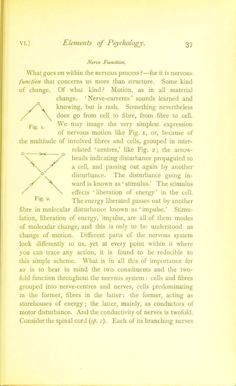 Nerve Function. What goes on within the nervous process I—for it is nervous function that concerns us more than structure. Some kind of change. Of what kind ? Motion, as in all material change. ‘ Nerve-currents' sounds learned and knowing, but is rash. Something nevertheless does go from cell to fibre, from fibre to cell. We may image the very simplest expression of nervous motion like Fig. i, or, because of the multitude of involved fibres and cells, grouped in inter- related ‘ centres,' like Fig. 2 ; the arrow- heads indicating disturbance propagated to a cell, and passing out again by another disturbance. The disturbance going in- ward is known as ‘ stimulus.’ The stimulus effects ‘ liberation of energy ’ in the cell. The energy liberated passes out by another Fig. I. Fig. 2. fibre in molecular disturbance known as ‘ impulse.’ Stimu- lation, liberation of energy, impulse, are all of them modes of molecular change, and this is only to be understood as change of motion. Different parts of the nervous system look differently to us, yet at every point within it where you can trace any action, it is found to be reducible to this simple scheme. What is in all this of importance for us is to bear in mind the two constituents and the two- fold function throughout the nervous system: cells and fibres grouped into nerve-centres and nerves, cells predominating in the former, fibres in the latter: the former, acting as storehouses of energy; the latter, mainly, as conductors of motor disturbance. And the conductivity of nerves is twofold. Consider the spinal cord {sp. c). Each of its branching nerves