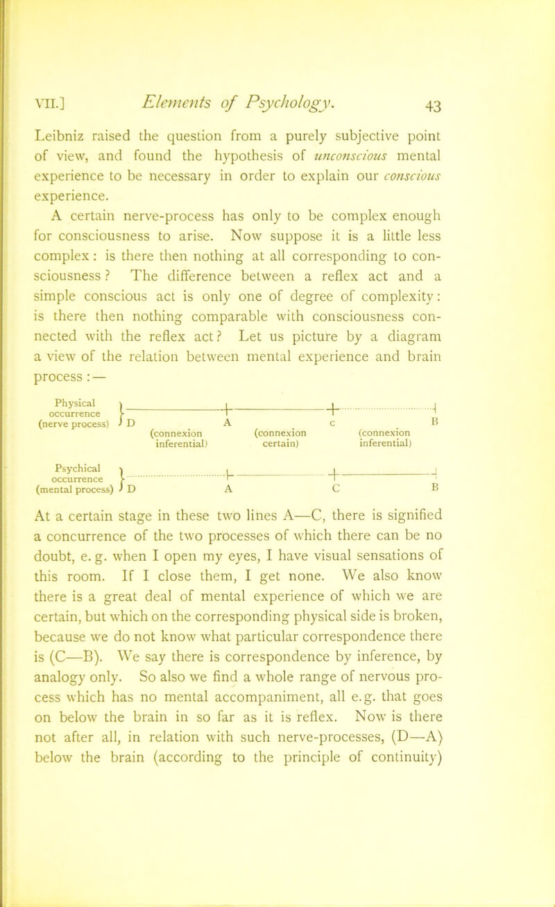 Leibniz raised the question from a purely subjective point of view, and found the hypothesis of zincotiscious mental experience to be necessary in order to explain our conscious experience. A certain nerve-process has only to be complex enough for consciousness to arise. Now suppose it is a little less complex: is there then nothing at all corresponding to con- sciousness } The difference between a reflex act and a simple conscious act is only one of degree of complexity: is there then nothing comparable with consciousness con- nected with the reflex act? Let us picture by a diagram a view of the relation between mental experience and brain process : — Physical j I ■_ , occurrence h i ' (nerve process) ^ D A c B (connexion (connexion (connexion inferential) certain) inferential) Psychical ) i i i occurrence > 'I T ' (mental process) D A C B At a certain stage in these two lines A—C, there is signified a concurrence of the two processes of which there can be no doubt, e. g. when I open my eyes, I have visual sensations of this room. If I close them, I get none. We also know there is a great deal of mental experience of which we are certain, but which on the corresponding physical side is broken, because we do not know what particular correspondence there is (C—B). We say there is correspondence by inference, by analogy only. So also we find a whole range of nervous pro- cess which has no mental accompaniment, all e.g. that goes on below the brain in so far as it is reflex. Now is there not after all, in relation with such nerve-processes, (D—A) below the brain (according to the principle of continuity)