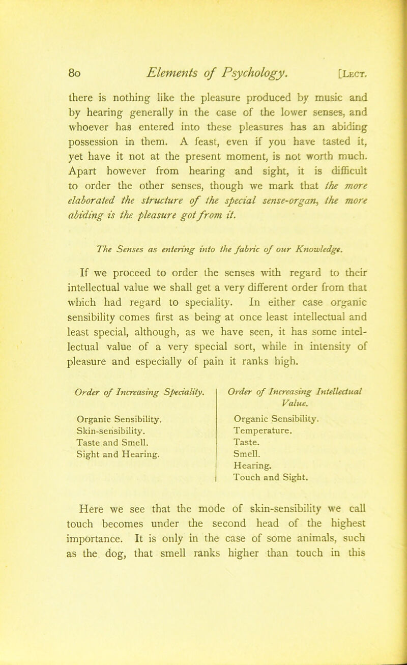 there is nothing like the pleasure produced by music and by hearing generally in the case of the lower senses, and whoever has entered into these pleasures has an abiding possession in them. A feast, even if you have tasted it, yet have it not at the present moment, is not worth much. Apart however from hearing and sight, it is difficult to order the other senses, though we mark that Ihe more elaborated the structure of the special sense-organ, the more abiding is the pleasure got from it. The Senses as entering into the fabric of our Knowledge. If we proceed to order the senses with regard to their intellectual value we shall get a very different order from that which had regard to speciality. In either case organic sensibility comes first as being at once least intellectual and least special, although, as we have seen, it has some intel- lectual value of a very special sort, while in intensity of pleasure and especially of pain it ranks high. Order of Increasing Speciality. Organic Sensibility. Skin-sensibility. Taste and Smell. Sight and Hearing. Order of Increasing Intellectual Value. Organic Sensibility. Temperature. Taste. Smell. Hearing. Touch and Sight. Here we see that the mode of skin-sensibility we call touch becomes under the second head of the highest importance. It is only in the case of some animals, such as the dog, that smell ranks higher than touch in this