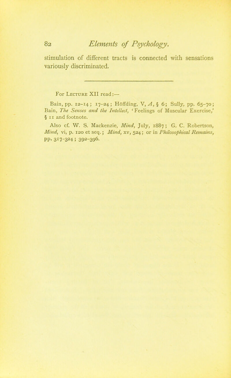stimulation of different tracts is connected with sensations variously discriminated. For Lecture XII read:— Bain, pp. 12-14; 17-24; Hoflfding, V,A,% 6; Sully, pp. 65-70; Bain, The Senses and the Intellect, ‘ Feelings of Muscular Exercise,’ § II and footnote. Also cf. W. S. Mackenzie, Mind, July, 1887; G. C. Robertson, Mind, vi, p. 120 et seq.; Mind, xv, 524; or in Philosophical Remains, PP- 317-324; 392-396-
