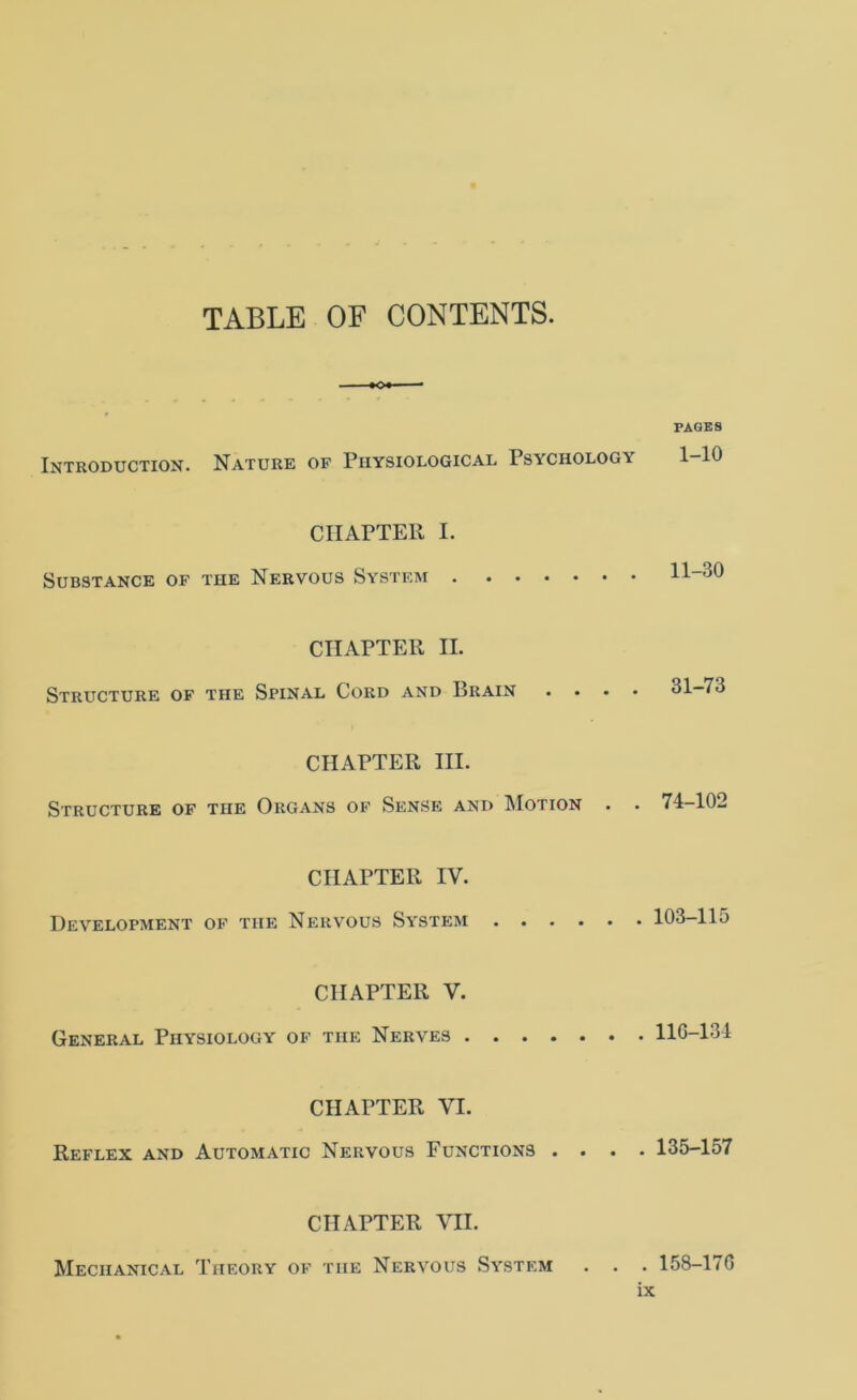TABLE OF CONTENTS. Introduction. Nature of Physiological. Psychology PAGES 1-10 CHAPTER I. Substance of the Nervous System . 11-30 CHAPTER II. Structure of the Spinal Cord and Brain .... 31—73 CHAPTER HI. Structure of the Organs of Sense and IMotion . . 74-102 CHAPTER IV. Development of the Nervous System . 103-115 CHAPTER V. General Physiology of the Nerves . llG-134 CHAPTER VI. Reflex and Automatic Nervous Functions .... 135-157 CHAPTER VII. Mechanical Theory of the Nervous System . . . 158-17G