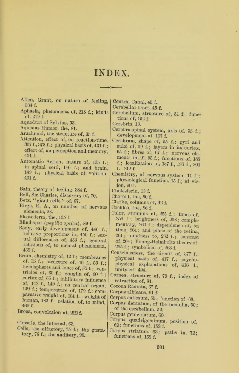 INDEX. Allen, Grant, on nature of feeling, 384 f. Aphasia, phenomena of, 218 f.; kinds of, 21‘J f. Aqueduct of Sylvius, 53. Aqueous Humor, the, 81. Arachnoid, the structure of, 35 f. Attention, effect of, on reaction-time, 3G7 f., 378 f.; physical basis of, 431 f.; effect of, on perception and memory, 4^1 f. Automatic Action, nature of, 135 f.; in spinal cord, 140 f.; and brain, 149 f.; physical basis of volition, 431 f. Bain, theory of feeling, 384 f. Bell, Sir Charles, discovery of, 70. Betz, “giant-cells ” of, 67. Birge, E. A., on number of nervous elements, 28. Blastoderm, the, 105 f. Blind-spot {papilla optica), 89 f. Body, early development of, 446 f.; relative proportions in, 450 f.; sex- ual differences of, 453 f.; general relations of, to mental phenomena, 465 f. Brain, chemistry of, 12 f.; membranes of, 35 f.; structure of, 46 f., 55 f.; hemispheres and lobes of, 55 f.; ven- tricles of, 60 f.; ganglia of, 60 f.; cortex of, 65 f.; inhibitory influence ?io central organ, 14J f.; temperature of, 179 f.; com- parative weight of, 181 f.; weight of human, 182 f.; relation of, to mind, 469 f. Broca, convolution of, 292 f. Capsule, the internal, 63. Cells, the olfactory, 75 f.; the gusta- tory, 76 f.; the auditory, 98. Central Canal, 45 f. Cerebellar tract, 45 f. Cerebellum, structure of, 51 func- tions of, 152 f. Cerebrin, 13. Cerebro-spinal system, axis of, 35 f.; development of, 107 f. Cerebrum, shape of, 55 f.; gyri and sulci of, 59 f.; layers in its cortex, 65 f.; fibres of, 67 f.; nervous ele- ments in, 91, 95 f.; functions of, 185 f.; localization in, 187 f., 196 f., 204 f., 212 f. Chemistry, of nervous system, 11 f.; physiological function, 15 f.; of vis- ion, 90 f. Cholesterin, 13 f. Choroid, the, 90 f. Clarke, columns of, 42 f. Cochlea, the, 96 f. Color, stimulus of, 255 f.; tones of, 256 f.; brightness of, 258; comple- mentary, 260 f.; dependence of, on time, 261; and place of the retina, 261; blindness to, 262 f.; contrast of, 264; Young-Helmholtz theory of, 265 f.; symbolism of, 268 f. Consciousness, the circuit of, 377 f.; physical basis of, 417 f.; p.sycho- physical explanations of, 418 f.; unity of, 494. Cornea, structure of, 79 f.; index of refraction of, 84. Corona Radiata, 67 f. Corpus albicans, 61 f. Corpus callosum, 55; function of, 68. Corpus dentatnm, of the medulla, 50; of the cerebellum, 52. Corpus geniculatum, 60. Corpus quadrigeminum, position of, 62; functions of, 153 f. Corpus striatum, 6.3; paths in, 72* functions of, 155 f. ’ ’ 601
