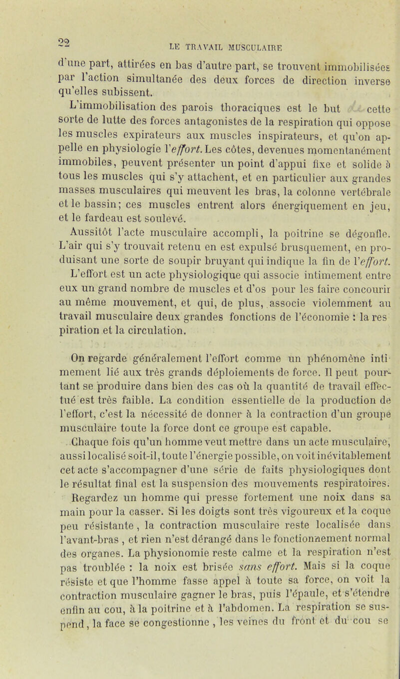 LE TRAVAIL MUSCULAIRE d une part, attirées en bas d’autre part, se trouvent iimnobiliséeE par l’action simultanée des deux forces de direction inverse qu’elles subissent. L immobilisation des parois thoraciques est le but cette sorte de lutte des forces antagonistes de la respiration qui oppose les muscles expirateurs aux muscles inspirateurs, et qu’on ap- pelle en physiologie Veffort.hQÿ, côtes, devenues momentanément immobiles, peuvent présenter un point d’appui fixe et solide 5 tous les muscles qui s’y attachent, et en particulier aux grandes masses musculaires qui meuvent les bras, la colonne vertébrale et le bassin; ces muscles entrent alors énergiquement en jeu, et le fardeau est soulevé. Aussitôt l’acte musculaire accompli, la poitrine se dégonfle. L’air qui s’y trouvait retenu en est expulsé brusquement, en pro- duisant une sorte de soupir bruyant qui indique la fin de \'effort. L’effort est un acte physiologique qui associe intimement entre eux un grand nombre de muscles et d’os pour les faire concourir au même mouvement, et qui, de plus, associe violemment au travail musculaire deux grandes fonctions de l’économie : la res piration et la circulation. On regarde généralement l’efTort comme un phénomène inti mement lié aux très grands déploiements de force. 11 peut pour- tant se produire dans bien des cas où la quantité de travail effec- tué est très faible. La condition essentielle de la production de l’effort, c’est la nécessité de donner à la contraction d’un groupe musculaire toute la force dont ce groupe est capable. Chaque fois qu’un homme veut mettre dans un acte musculaire, aussi localisé soit-il, toute l’énergie possible, on voit inévitablement cet acte s’accompagner d’une série de faits physiologiques dont le résultat final est la suspension des mouvements respiratoires. Regardez un homme qui presse fortement une noix dans sa main pour la casser. Si les doigts sont très vigoureux et la coque peu résistante, la contraction musculaire reste localisée dans l’avant-bras , et rien n’est dérangé dans le fonctionnement normal des organes. La physionomie reste calme et la respiration n’est pas troublée : la noix est brisée mns effort. Mais si la coque résiste et que l’homme fasse appel à toute sa force, on voit la contraction musculaire gagner le bras, puis l’épaule, et s’étendre enfin au cou, ùla poitrine et à l’abdomen. La respiration se sus- pend , la face se congestionne , les veines du front et du cou se