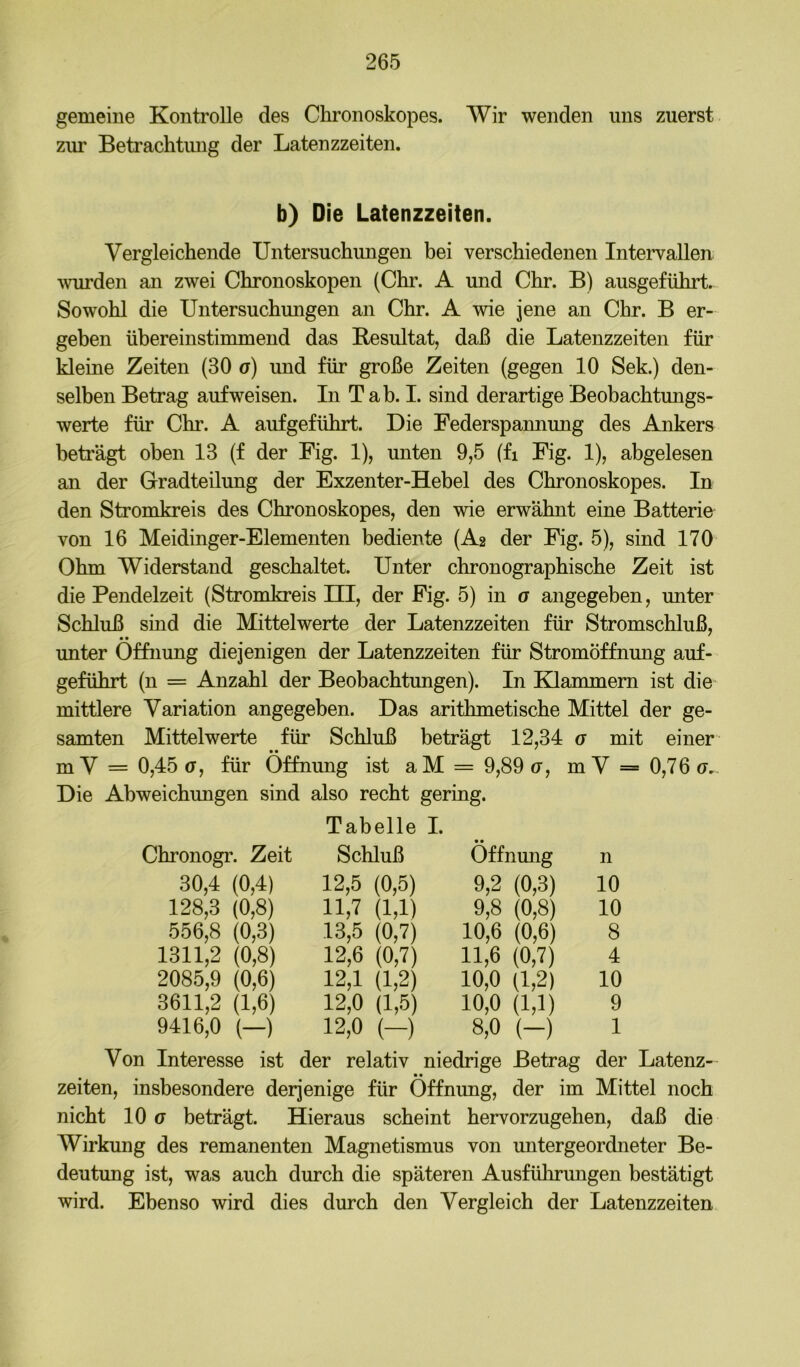 gemeine Kontrolle des Chronoskopes. Wir wenden uns zuerst zur Betrachtimg der Latenzzeiten. b) Die Latenzzeiten. Vergleichende Untersuchungen bei verschiedenen Intervallen ^vurden an zwei Chronoskopen (Chr. A und Chr. B) ausgeführt. Sowohl die Untersuchungen an Chr. A wie jene an Chr. B er- geben übereinstimmend das Besultat, daß die Latenzzeiten für kleine Zeiten (30 o) und für große Zeiten (gegen 10 Sek.) den- selben Betrag auf weisen. In Tab. I. sind derartige Beobachtungs- werte für Chr. A aufgeführt. Die Federspaimung des Ankers beträgt oben 13 (f der Fig. 1), unten 9,5 (fi Fig. 1), abgelesen an der Gradteilung der Exzenter-Hebel des Chronoskopes. In den Stromkreis des Chronoskopes, den wie erwähnt eine Batterie von 16 Meidinger-Elementen bediente (A2 der Fig. 5), sind 170 Ohm Widerstand geschaltet. Unter chronographische Zeit ist die Pendelzeit (Stromkreis HI, der Fig. 5) in o angegeben, unter Schluß sind die Mittelwerte der Latenzzeiten für Stromschluß, • • unter Öffnung diejenigen der Latenzzeiten für Stromöffnung auf- geführt (n = Anzahl der Beobachtungen). In Elammem ist die mittlere Variation angegeben. Das arithmetische Mittel der ge- samten Mittelwerte für Schluß beträgt 12,34 g mit einer mV = 0,45 (T, für Öffnung ist aM = 9,89 tJ, mV == 0,76 o,. Die Abweichungen sind also recht gering. Tabelle I. Chronogr. Zeit Schluß Öffnung n 30,4 (0,4) 12,5 (0,5) 9,2 (0,3) 10 128,3 (0,8) 11,7 (1,1) 9,8 (0,8) 10 556,8 (0,3) 13,5 (0,7) 10,6 (0,6) 8 1311,2 (0,8) 12,6 (0,7) 11,6 (0,7) 4 2085,9 (0,6) 12,1 (1,2) 10,0 (1,2) 10 3611,2 (1,6) 12,0 (1,5) 10,0 (1,1) 9 9416,0 (—) 12,0 (-) 8,0 (-) 1 Von Interesse ist der relativ niedrige Betrag der Latenz • • Zeiten, insbesondere derjenige für Öffnung, der im Mittel noch nicht 10 (7 beträgt. Hieraus scheint hervorzugehen, daß die Wirkung des remanenten Magnetismus von untergeordneter Be- deutung ist, was auch durch die späteren Ausführungen bestätigt wird. Ebenso wird dies durch den Vergleich der Latenzzeiten