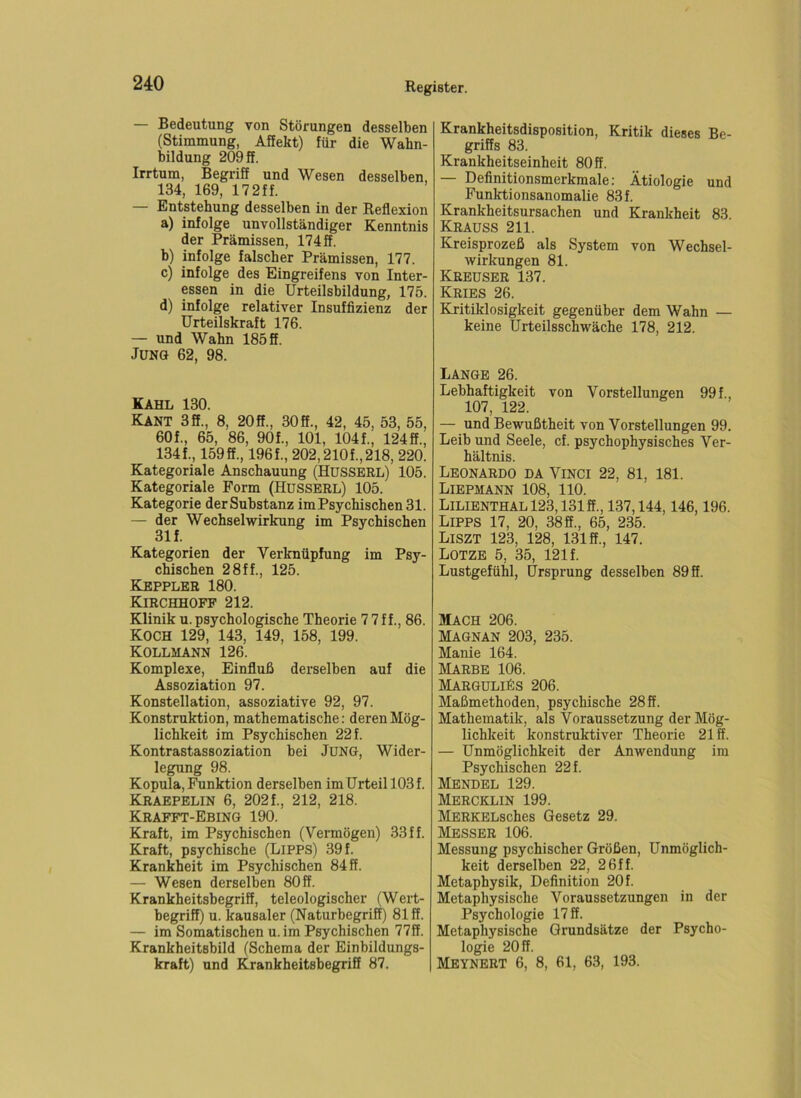 — Bedeutung von Störungen desselben (Stimmung, Affekt) für die Wahn- bildung 209 ff. Irrtum, Begriff und Wesen desselben, 134, 169, 172ff. — Entstehung desselben in der Reflexion a) infolge unvollständiger Kenntnis der Prämissen, 174 ff. b) infolge falscher Prämissen, 177. c) infolge des Eingreifens von Inter- essen in die Urteilsbildung, 175. d) infolge relativer Insuffizienz der Urteilskraft 176. — und Wahn 185 ff. Jung 62, 98. Kahl 130. Kant 3ff., 8, 20ff., 30ff., 42, 45, 53, 55, 60f., 65, 86, 90f., 101, 104f., 124ff., 134f., 159ff., 196f., 202,210f.,218, 220. Kategoriale Anschauung (HüSSERL) 105. Kategoriale Form (HUSSERL) 105. Kategorie der Substanz imPsychischen31. — der Wechselwirkung im Psychischen 31 f. Kategorien der Verknüpfung im Psy- chischen 28ff., 125. Keppler 180. Kirchhofe 212. Klinik u. psychologische Theorie 7 7 ff., 86. KOCH 129, 143, 149, 158, 199. KOLLMANN 126. Komplexe, Einfluß derselben auf die Assoziation 97. Konstellation, assoziative 92, 97. Konstruktion, mathematische: deren Mög- lichkeit im Psychischen 22 f. Kontrastassoziation bei Jung, Wider- legung 98. Kopula, Funktion derselben im Urteil 103 f. Kraepelin 6, 202 f., 212, 218. Krafft-Ebing 190. Kraft, im Psychischen (Vermögen) 33ff. Kraft, psychische (LiPPS) 39 f. Krankheit im Psychischen 84 ff. — Wesen derselben 80 ff. Krankheitsbegriff, teleologischer (Wert- begriff) u. kausaler (Naturbegriff) 81 ff. — im Somatischen u.im Psychischen 77ff. Krankheitsbild (Schema der Einbildungs- kraft) und Krankheitsbegriff 87. Krankheitsdisposition, Kritik dieses Be- griffs 83. Krankheitseinheit 80 ff. — Definitionsmerkmale: Ätiologie und Funktionsanomalie 83 f. Krankheitsursachen und Krankheit 83 Krauss 211. Kreisprozeß als System von Wechsel- wirkungen 81. Kreuser 137. Kries 26. Kritiklosigkeit gegenüber dem Wahn — keine Urteilsschwäche 178, 212. Lange 26. Lebhaftigkeit von Vorstellungen 99 f., 107, 122. — und Bewußtheit von Vorstellungen 99. Leib und Seele, cf. psychophysisches Ver- hältnis. Leonardo da Vinci 22, 81, 181. Liepmann 108, 110. Lilienthal 123,131 ff., 137,144,146,196. LiPPS 17, 20, 38 ff., 65, 235. Liszt 123, 128, 131 ff., 147. Lotze 5, 35, 121 f. Lustgefühl, Ursprung desselben 89 ff. Mach 206. Magnan 203, 235. Manie 164. MARBE 106. MARGULlfiS 206. Maßmethoden, psychische 28 ff. Mathematik, als Voraussetzung der Mög- lichkeit konstruktiver Theorie 21 ff. — Unmöglichkeit der Anwendung ira Psychischen 22 f. Mendel 129. Mercklin 199. MERKELsches Gesetz 29. Messer 106. Messung psychischer Größen, Unmöglich- keit derselben 22, 26ff. Metaphysik, Definition 20 f. Metaphysische Voraussetzungen in der Psychologie 17 ff. Metaphysische Grundsätze der Psycho- logie 20 ff. MeyneRT 6, 8, 61, 63, 193.