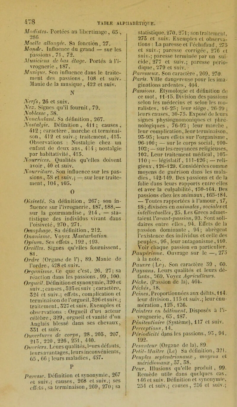 AFndistcs. Portées au libertinage, C5 280 Moelle allongée. Sa fonction, 17. Monde. Influence du grand — sur les passions, 71, 72. Musiciens de lias étage. Portés à l’i- vrognerie , 187. Musique. Son influence dans le traite- ment des passions, 108 et suiv. Manie de la musique, 422 et suiv. N Nerfs, 26 et suiv. Nez. Signes qu’il fournit, 79. Noblesse., 58. Nonchalant. Sa définition, 267. Nostalgie. Définition, 411; causes, 412 ; caractère , marche et terminai- son, 412 et suiv.; traitement, 415. Observations : Nostalgie chez un enfant de deux ans, 414 ; nostalgie par habilativité, 415. Nourrices. Qualités qu’elles doivent avoir, 40 et suiv. Nourriture. Son influence sur les pas- sions, 38 et suiv.; — sur leur traite- ment , 104,105. O Oisiveté. Sa définition, 267; son in- fluence sur l’ivrognerie. 187,188,— sur la gourmandise, 214, — sta- listique des individus vivant dans l’oisiveté, 270, 271. Omophagc. Sa définition, 212. Onanisme. Voyez Masturbation. Opium. Ses effets , 192 , 193. Oreilles. Signes qu’elles fournissent, 81. Ordre (Organe de 1’), 89. Manie de l’ordre, 428 et suiv. Organisme, (le que c’est, 26, 27; sa réaction dans les passions , 99, 100. Orgueil. Définition et synonymie, 320 et suiv.; causes, 523 et suiv ; caractère, 324 et suiv.; effets, complication et terminaison de l’orgueil, 326 et suiv.; traitement, 327et suiv. Exemples et observations : Orgueil d’un acteur célèbre, 329, orgueil et vanité d’un Anglais blessé dans ses chevaux, 331 et suiv. Ouvertures de corps, 28,205, 207, 213, 220,226, 251, 440. Ouvriers. Leurs qualités, l°urs défauts, leurs avantages, leurs inconvénients, 65,66 ; leurs maladies, 457. P Paresse. Définition et synonymie, 207 et suiv.; causes, 268 et suiv.; ses effets, sa terminaison, 269, 270; sa statistique. 270. 271; son traitement, 275 et suiv. Exemples et observa- tions : La paresse et l’échafaud, 275 et suiv.; paresse corrigée, 276 et suiv.; paresse terminée par un sui- cide, 277 et suiv.; paresse pério- dique, 279 et suiv. Paresseux. Son caractère, 269, 270 Paris. Ville dangereuse pour les ima- ginations ardentes, 404. Passions. Etymologie et définition de ce mot, 11-15. Division des passions selon les médecins et selon les mo- ralistes, 16-25; leur siège, 26-29; leurs causes, 30-75. Exposé de leurs signes physiognomoniques ei pliré- nologiques , 70-92 ; leur marche , leur complication, leur terminaison, 95- 95; leurs effets sur l’organisme, 96- 100; — sur le corps social, 100- 102; — sur les croyances religieuses, 102. Leur traitement médical, 105- 110 ; — législatif, 111-126; — reli- gieux, 126-129. Considéréeseomme moyens de guérison dans les mala- dies, 142-149. Des passions et de la folie dans leurs rappris enire elles et avec la culpabilité, 150-104. Des passions chez les animaux, 165-184. — Toutes rapportées à l’amour, 17, 18 ; divisées en animales, sociales et intellectuelles, 25. Les Grecs admet- taient P avant-passion, 93. Sont soli- daires entre elles, 94. Effets de la passion dominante, 94; abrègent l’existence des individus et celle des peuples, 96, leur antagonisme, 110. Voir chaque passion en particulier. Paupérisme. Ouvrage sur le —, 273 à la note. Pauvre (Le). Son caractère 59 , 60. Paysans. Leurs qualités et leurs dé- fauts, 269. Voyez Agriculteurs. Pèche. (Passion de la), 464. Péchés, 18. Peines. Proportionnées aux délits, 114. leur division. 115 et suiv.; leur énu- mération, 125,126. Peintres en bâtiment. Disposés à l’i- vrognerie, 65, 187. Pénitentiaire. (Système), 117 el suiv. Perceptions, 14. Périodicité dans les passions, 93,94, 192. Pesanteur (Organe de la). 89 Petit-Maître (Le) Sa définition, 321. Peuples septentrionaux, moyens el méridionaux, 57, 58. Peur. Illusions qu’elle produit, 99. Kcmède utile dans quelques cas, 146 et suiv. Définition et synonymie, 254 et suiv.; causes, 236 el suiv.;