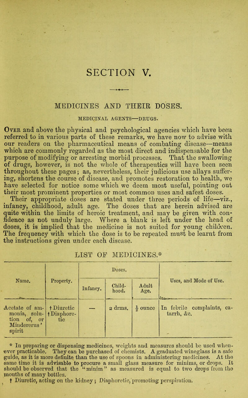 SECTION V. MEDICINES AND THEIR DOSES. MEDICINAL AGENTS—DRUGS. Over and above the physical and psychological agencies which have been referred to in various parts of these remarks, we have now to advise with our readers on the pharmaceutical means of combating disease—means which are commonly regarded as the most direct and indispensable for the purpose of modifying or arresting morbid processes. That the swallowing of drugs, however, is not the whole of therapeutics will have been seen throughout these pages; as, nevertheless, their judicious use allays suffer- ing, shortens the course of disease, and promotes restoration to health, we have selected for notice some which we deem most useful, pointing out their most prominent properties or most common uses and safest doses. Their appropriate doses are stated under three periods of life—viz., infancy, childhood, adult age. The doses that are herein advised are quite within the limits of heroic treatment, and may be given with con- fidence as not unduly large. Where a blank is left under the head of doses, it is implied that the medicine is not suited for young children. The frequency with which the dose is to be repeated must be learnt from the instructions given under each disease. LIST OF MEDICINES* Name. - - - Property. Infancy. Doses. ' Child- hood. Adult Age. Uses, and Mode of Use. Acetate of am- t Diuretic 2 drms. ^ ounce In febrile complaints, ca- monia, . solu- f Diaphore- tarrh, &c. tion of, or tic Mindererus ’ spirit * In preparing or dispensing medicines, weights and measures should be used when- ever practicable. They can be purchased of chemists. A graduated wineglass is a safe guide, as it is more definite than the use of spoons in administering medicines. At the same time it is advisable to procure a small glass measure for minims, or drops. It should be observed that the “ minim ” as measured is equal to two drops from tho mouths of many bottles. t Diuretic, acting on the kidney; Diaphoretic, promoting perspiration.