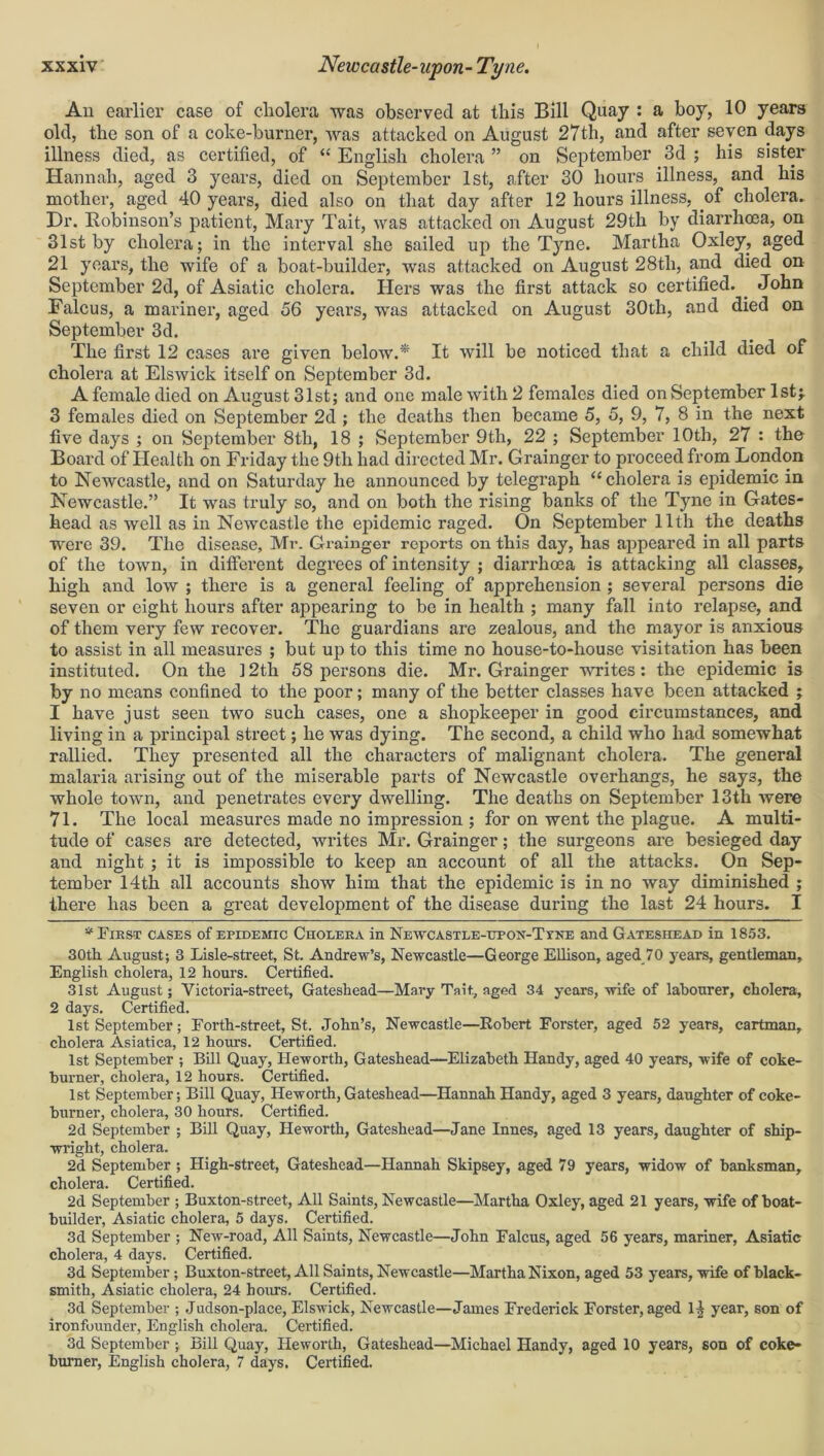 An earlier case of cholera -was observed at this Bill Quay : a boy, 10 years old, the son of a coke-burner, was attacked on August 27th, and after seven days illness died, as certified, of “ English cholera ” on September 3d ; his sister Hannah, aged 3 years, died on September 1st, after 30 hours illness, and his mother, aged 40 years, died also on that day after 12 hours illness, of cholera. Dr. Robinson’s patient, Mary Tait, was attacked on August 29th by diarrhoea, on 31st by cholera; in the interval she sailed up the Tyne. Martha Oxley, aged 21 years, the wife of a boat-builder, was attacked on August 28th, and died on September 2d, of Asiatic cholera. Hers was the first attack so certified. . John Falcus, a mariner, aged 56 years, was attacked on August 30th, and died on September 3d. The first 12 cases are given below.* It will be noticed that a child died of cholera at Elswick itself on September 3d. A female died on August 31st; and one male with 2 females died on September 1st;. 3 females died on September 2d ; the deaths then became 5, 5, 9, 7, 8 in the next five days ; on September 8th, 18 ; September 9th, 22 ; September 10th, 27 : the Board of Health on Friday the 9th had directed Mr. Grainger to proceed from London to Newcastle, and on Saturday he announced by telegraph “ cholera is epidemic in Newcastle.” It was truly so, and on both the rising banks of the Tyne in Gates- head as well as in Newcastle the epidemic raged. On September 11th the deaths were 39. The disease, Mr. Grainger reports on this day, has appeared in all parts of the town, in different degrees of intensity ; diarrhoea is attacking all classes, high and low ; there is a general feeling of apprehension ; several persons die seven or eight hours after appearing to be in health ; many fall into relapse, and of them very few recover. The guardians are zealous, and the mayor is anxious to assist in all measures ; but up to this time no house-to-house visitation has been instituted. On the 12th 58 persons die. Mr. Grainger writes: the epidemic is by no means confined to the poor; many of the better classes have been attacked ; 1 have just seen two such cases, one a shopkeeper in good circumstances, and living in a principal street; he was dying. The second, a child who had somewhat rallied. They presented all the characters of malignant cholera. The general malaria arising out of the miserable parts of Newcastle overhangs, he says, the whole town, and penetrates every dwelling. The deaths on September 13th were 71. The local measures made no impression ; for on went the plague. A multi- tude of cases are detected, writes Mr. Grainger; the surgeons are besieged day and night ; it is impossible to keep an account of all the attacks. On Sep- tember 14th all accounts show him that the epidemic is in no way diminished ; there has been a great development of the disease during the last 24 hours. I * First cases of epidemic Cholera in Newcastle-upon-Tyne and Gateshead in 1853. 30th August; 3 Lisle-street, St. Andrew’s, Newcastle—George Ellison, aged 70 years, gentleman, English cholera, 12 hours. Certified. 31st August; Yictoria-street, Gateshead—Mary Tait, aged 34 years, wife of labourer, cholera, 2 days. Certified. 1st September; Forth-street, St. John’s, Newcastle—Robert Forster, aged 52 years, cartman, cholera Asiatica, 12 hours. Certified. 1st September ; Bill Quay, Heworth, Gateshead—Elizabeth Handy, aged 40 years, wife of coke- burner, cholera, 12 hours. Certified. 1st September; Bill Quay, Heworth, Gateshead—Hannah Handy, aged 3 years, daughter of coke- burner, cholera, 30 hours. Certified. 2d September ; Bill Quay, Heworth, Gateshead—Jane Innes, aged 13 years, daughter of ship- wright, cholera. 2d September ; High-street, Gateshead—Hannah Skipsey, aged 79 years, widow of banksman, cholera. Certified. 2d September ; Buxton-street, All Saints, Newcastle—Martha Oxley, aged 21 years, wife of boat- builder, Asiatic cholera, 5 days. Certified. 3d September ; New-road, All Saints, Newcastle—John Falcus, aged 56 years, mariner, Asiatic cholera, 4 days. Certified. 3d September; Buxton-street, All Saints, Newcastle—Martha Nixon, aged 53 years, wife of black- smith, Asiatic cholera, 24 hours. Certified. 3d September ; Judson-place, Elswick, Newcastle—James Frederick Forster, aged 1-| year, son of ironfounder, English cholera. Certified. 3d September ; Bill Quay, Heworth, Gateshead—Michael Handy, aged 10 years, son of coke- burner, English cholera, 7 days. Certified.