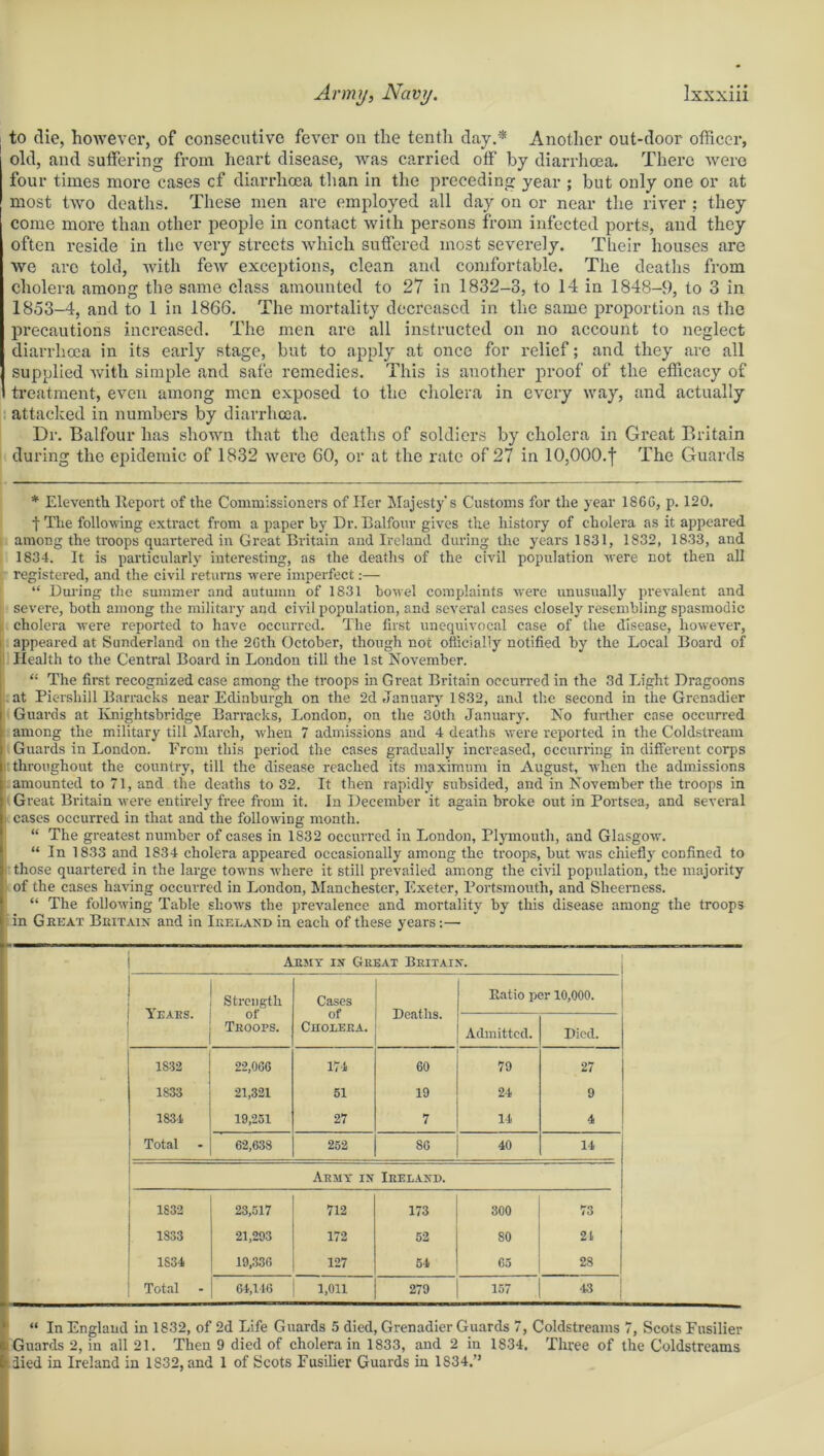 to die, however, of consecutive fever on the tenth day.* Another out-door officer, old, and suffering from heart disease, was carried off by diarrhoea. There were four times more cases cf diarrhoea than in the preceding year ; but only one or at most two deaths. These men are employed all day on or near the river : they come more than other people in contact with persons from infected ports, and they often reside in the very streets which suffered most severely. Their houses are we arc told, with few exceptions, clean and comfortable. The deaths from cholera among the same class amounted to 27 in 1832-3, to 14 in 1848-9, to 3 in 1853-4, and to 1 in 1866. The mortality decreased in the same proportion as the precautions increased. The men are all instructed on no account to neglect diarrhoea in its early stage, but to apply at once for relief; and they are all supplied with simple and safe remedies. This is another proof of the efficacy of treatment, even among men exposed to the cholera in every way, and actually attacked in numbers by diarrhoea. Dr. Balfour has shown that the deaths of soldiers by cholera in Great Britain during the epidemic of 1832 were 60, or at the rate of 27 in 10,000. f The Guards * Eleventh lleport of the Commissioners of Her Majesty’s Customs for the year I860, p. 120. t The following extract from a paper by Dr. Balfour gives the history of cholera as it appeared among the troops quartered in Great Britain and Ireland during the years 1831, 1832, 1833, and 1834. It is particularly interesting, as the deaths of the civil population were not then all registered, and the civil returns were imperfect:— “ During the summer and autumn of 1831 bowel complaints were unusually prevalent and severe, both among the military and civil population, and several cases closely resembling spasmodic cholera were reported to have occurred. The first unequivocal case of the disease, however, appeared at Sunderland on the 2Gth October, though not officially notified by the Local Board of Health to the Central Board in London till the 1st November. “ The first recognized case among the troops in Great Britain occurred in the 3d Light Dragoons at Piersliill Barracks near Edinburgh on the 2d January 1832, and the second in the Grenadier Guards at Knightsbridge Barracks, London, on the 30th January. No further case occurred among the military till March, when 7 admissions and 4 deaths were reported in the Coldstream Guards in London. From this period the cases gradually increased, occurring in different corps i throughout the country, till the disease reached its maximum in August, when the admissions amounted to 71, and the deaths to 32. It then rapidly subsided, and in November the troops in Great Britain were entirely free from it. In December it again broke out in Portsea, and several cases occurred in that and the following month. “ The greatest number of cases in 1832 occurred in London, Plymouth, and Glasgow. “ In 1833 and 1834 cholera appeared occasionally among the troops, but was chiefly confined to those quartered in the large towns where it still prevailed among the civil population, the majority of the cases having occurred in London, Manchester, Exeter, Portsmouth, and Sheerness. “ The following Table shows the prevalence and mortality by this disease among the troops in Great Britain and in Ireland in each of these years:— Army in Great Britain. 1 I Years. Strength of Troops. Cases of Cholera. Deaths. Ratio per 10,000. Admitted. Died. 1S32 22,006 174 60 79 27 1833 21,321 51 19 24 9 1834 19,251 27 7 14 4 Total - 62,638 252 86 40 14 Army in Ireland. 1832 23,017 712 173 300 73 1S33 21,293 172 52 80 21 1S34 19,336 127 54 65 28 Total 64,146 1,011 279 157 43 “ In England in 1832, of 2d Life Guards 5 died, Grenadier Guards 7, Coldstreams 7, Scots Fusilier Guards 2, in all 21. Then 9 died of cholera in 1833, and 2 in 1834. Three of the Coldstreams died in Ireland in 1832, and 1 of Scots Fusilier Guards in 1834.”