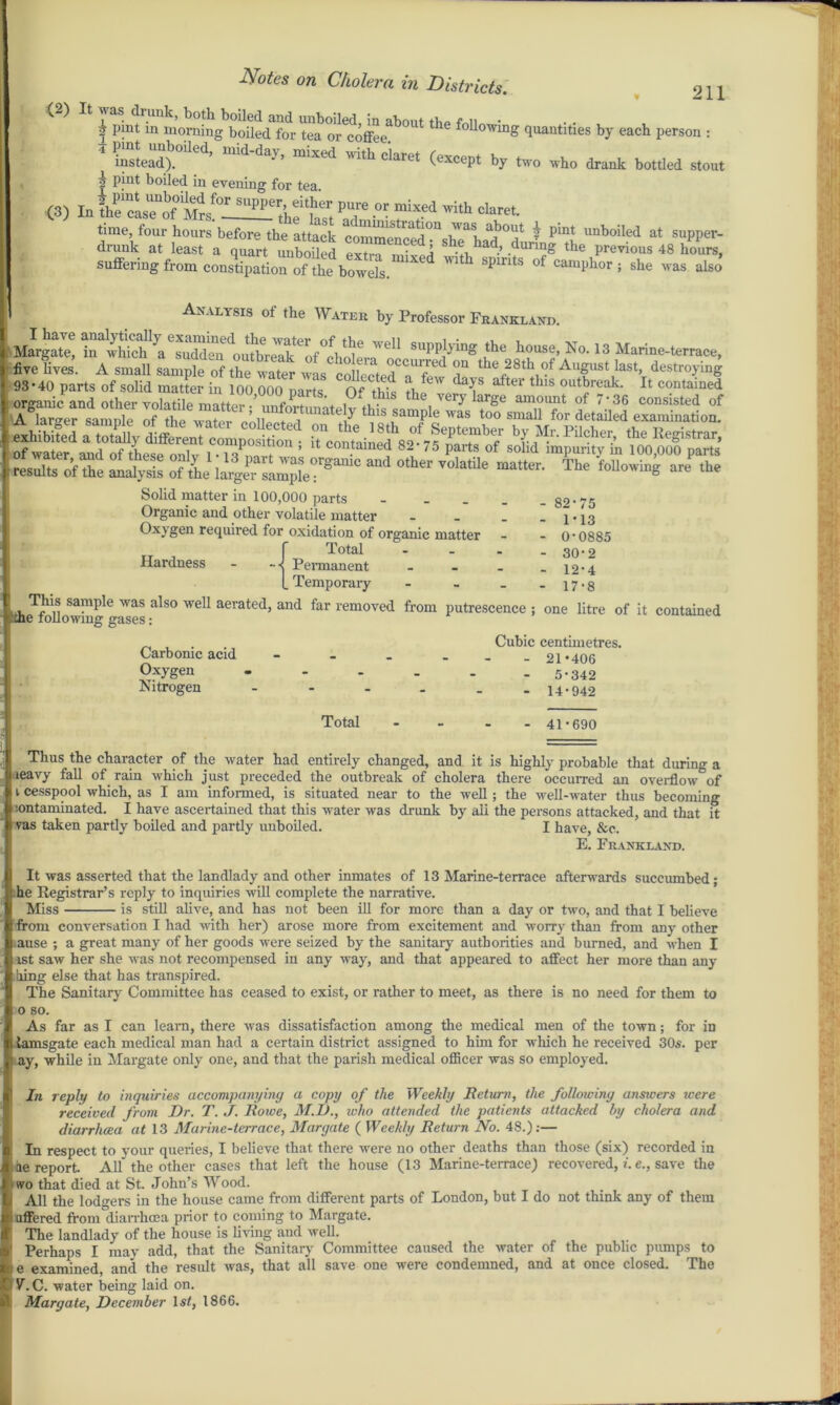 f Pjnt mo^ingbboUedafodr^So^of^0^ ^ f°UowinS quantities by each person : * rslad)b0lled’ mid'day’ mixed ^ret (except by two who drank bottled stout 2 pint boiled in evening for tea <3) I. inLTofoUMrJ°l!2LXtst Tor r?d with claret- time four hours before the attack commenced^shinha?0? ^ pmji lmboiled at suPPer drunk at least a quart unboiled eSJaS ’ •?Un?g the Previous 48 k°urs, suffering from constipation of the bowels. pmtS of camPhor ; she was also Analysis of the Water by Professor Frankland. Margate* !** ^ T* * '* *wW A small sample of the,rater wL 00^,^ 7 A,lS“st kst. 93-40 parts of solid matter in too 000 parts O' tbit tb?W ^ after thlS outbreak- lt contained organic and other volatile matter •’imfn.t '+ , S tbe very large amount of 7-36 consisted of rCersaSe this sample was too small for detailed examination. rJftK h f »**^strar. of water and of these nnW ’ con.tame<1 82 75 parts of solid impurity m 100,000 parts SM %££ °thtI ,oMh matter' Thc *»* « «* Solid matter in 100,000 parts . Organic and other volatile matter _ Oxygen required for oxidation of organic matter I Total - Hardness - - Permanent _ L Temporary - , samlde was also well aerated, and far removed from putrescence the following gases: - 82-75 - 1-13 - 0-0885 - 30-2 - 12-4 - 17-8 one litre of it contained Carbonic acid Oxygen Nitrogen Cubic centimetres. - 21-406 5-342 - 14-942 Total - 41-690 Thus the character of the water had entirely changed, and it is highly probable that during a leavy fall of rain which just preceded the outbreak of cholera there occurred an overflow of i cesspool which, as I am informed, is situated near to the well; the well-water thus becoming ■•ontaminated. I have ascertained that this water was drunk by ali the persons attacked, and that it vas taken partly boiled and partly unboiled. I have, &c. E. Frankland. It was asserted that the landlady and other inmates of 13 Marine-terrace afterwards succumbed; he Registrar’s reply to inquiries will complete the narrative. Miss is still alive, and has not been ill for more than a day or two, and that I believe from conversation I had with her) arose more from excitement and worry than from any other .ause ; a great many of her goods were seized by the sanitary authorities and burned, and when I ist saw her she was not recompensed in any way, and that appeared to affect her more than any hing else that has transpired. The Sanitary Committee has ceased to exist, or rather to meet, as there is no need for them to o so. As far as I can learn, there was dissatisfaction among the medical men of the town; for in lamsgate each medical man had a certain district assigned to him for which he received 30s. per ' ay, while in Margate only one, and that the parish medical officer was so employed. In reply to inquiries accompanying a copy of the Weekly Return, the following answers were received from Dr. T. J. Rowe, M.D., ivho attended the patients attacked by cholera and diarrhoea at 13 Marine-terrace, Margate ( Weekly Return No. 48.):— In respect to your queries, I believe that there were no other deaths than those (six) recorded in de report All* the other cases that left the house (13 Marine-terrace) recovered, i. e., save the wo that died at St. John’s Wood. All the lodgers in the house came from different parts of London, but I do not think any of them affered from diarrhoea prior to coming to Margate. The landlady of the house is living and well. Perhaps I may add, that the Sanitary Committee caused the water of the public pumps to e examined, and the result was, that all save one were condemned, and at once closed. The V. C. water being laid on. Margate, December 1st, 1866.