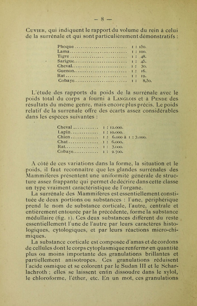 Cuvier, qui indiquent le rapport du volume du rein à celui de la surrénale et qui sont particulièrement démonstratifs : Phoque Lama... Tigre .. Sarigue. Cheval.. Guenon. Rat Cobaye, i5o. lOO. 48. 45. 30. 16. 12. 8,5o. L’étude des rapports du poids de la surrénale avec le poids total du corps a fourni à Langlois et à Pende des résultats du même genre, mais encore plus précis. Le poids relatif de la surrénale offre des écarts assez considérables dans les espèces suivantes : Cheval i ; 12.000. Lapin i : 10.000. Chien i : 6.000 à i : 3.000. Chat I : 6.000. Rat I : 3-000. Cobaye i : 2.700. A côté de ces variations dans la forme, la situation et le poids, il faut reconnaître que les glandes surrénales des Mammifères présentent une uniformité générale de struc- ture assez frappante qui permet de décrire dans cette classe un type vraiment caractéristique de l'organe. La surrénale des Mammifères est essentiellement consti- tuée de deux portions ou substances : l’une, périphérique prend le nom de substance corticale, l’autre, centrale et entièrement entourée parla précédente, forme la substance médullaire (fig. i). Ces deux substances diffèrent du reste essentiellement l’une de l’autre par leurs caractères histo- logiques, cytologiques, et par leurs réactions micro-chi- miques. La substance corticale est composée d’amas et de cordons de cellules dont le corps cytoplasmique renferme en quantité plus ou moins importante des granulations brillantes et partiellement anisotropes. Ces granulations réduisent l’acide osmique et se colorent par le Sudan III et le Schar- lachroth ; elles se laissent enfin dissoudre dans le xylol, le chloroforme, l’éther, etc. En un mot, ces granulations