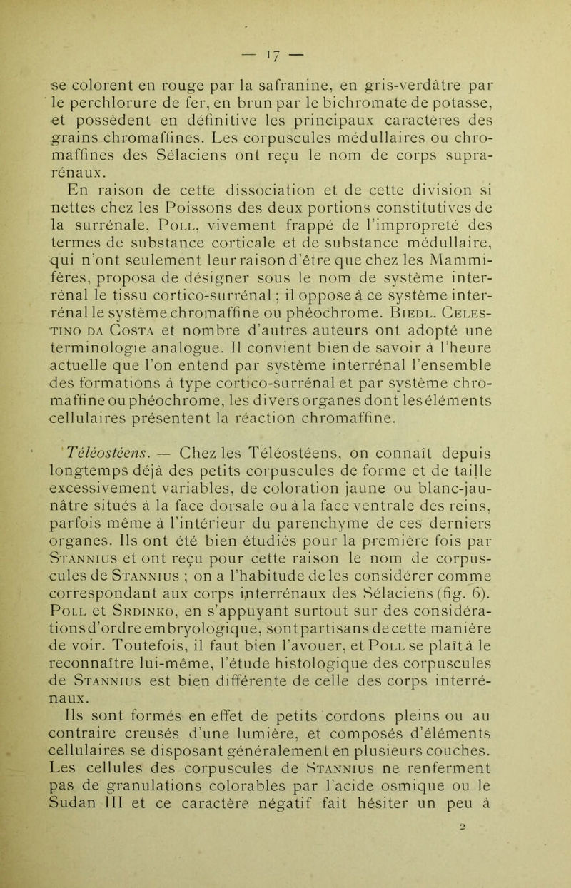 se colorent en rouge par la safranine, en gris-verdâtre par le perchlorure de fer, en brun par le bichromate de potasse, et possèdent en définitive les principaux caractères des grains chromaffines. Les corpuscules médullaires ou chro- maffines des Sélaciens ont reçu le nom de corps supra- rénaux. En raison de cette dissociation et de cette division si nettes chez les Poissons des deux portions constitutives de la surrénale, Poll, vivement frappé de l’impropreté des termes de substance corticale et de substance médullaire, qui n’ont seulement leur raison d’être que chez les Mammi- fères, proposa de désigner sous le nom de système inter- rénal le tissu cortico-SLirrénal ; il oppose à ce système inter- rénal le système chromafhne ou phéochrome. Biedl. Celes- TiNO DA Costa et nombre d’autres auteurs ont adopté une terminologie analogue. Il convient bien de savoir à l’heure actuelle que l’on entend par système interrénal l’ensemble des formations à type cortico-surrénal et par système chro- maffine ou phéochrome, les divers organes dont leséléments cellulaires présentent la réaction chromafhne. Téléostéens. — Chez les Téléostéens, on connaît depuis longtemps déjà des petits corpuscules de forme et de taille excessivement variables, de coloration jaune ou blanc-jau- nâtre situés à la face dorsale ou à la face ventrale des reins, parfois même à l’intérieur du parenchyme de ces derniers organes. Ils ont été bien étudiés pour la première fois par Stannius et ont reçu pour cette raison le nom de corpus- cules de Stannius ; on a l’habitude de les considérer comjme correspondant aux corps i,nterrénaux des Sélaciens (hg. 6). Poll et Srdinko, en s’appuyant surtout sur des considéra- tionsd’ordreembryologique, sontpartisans decette manière de voir. Toutefois, il faut bien l’avouer, et Poll se plaîtà le reconnaître lui-même, l’étude histologique des corpuscules de Stannius est bien différente de celle des corps interré- naux. Ils sont formés en effet de petits cordons pleins ou au contraire creusés d’une lumière, et composés d’éléments cellulaires se disposant généralement en plusieurs couches. Les cellules des corpuscules de Stannius ne renferment pas de granulations colorables par l’acide osmique ou le Sudan III et ce caractère négatif fait hésiter un peu à