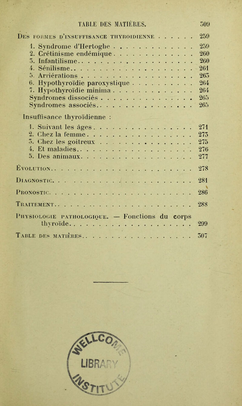 Des formes d’insuffisance thyroïdienne 259 1. Syndrome d’Hertoghe 259 2. Crétinisme endémique 260 5. Infantilisme 260 4. Sénilisme 261 5. Arriérations 265 6. Hypothyroïdie paroxystique 264 7. Hypothyroïdie minima 264 Syndromes dissociés 265 Syndromes associés 265 Insuffisance thyroïdienne : 1. Suivant les âges 271 2. Chez la femme 275 5. Chez les goitreux 275 4, Et maladies 276 5, Des animaux 277 Évolution 278 Diagnostic 281 \ Pronostic 286 Traitement 288 l’iiYsiOLOGiE PATHOLOGipuE. — Fouctions du corps thyroïde 299 Tarde des matières 507