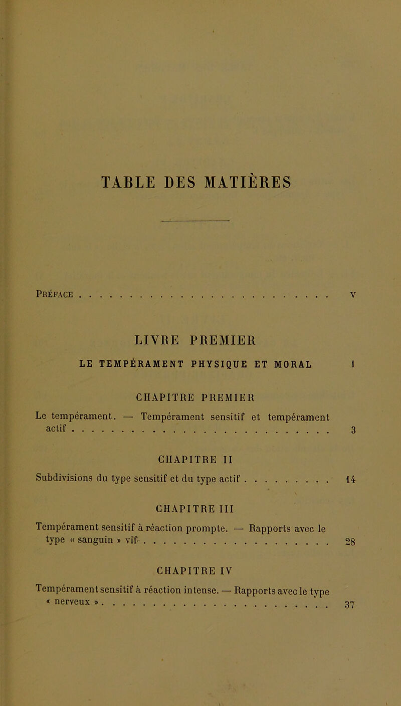 Préface v LIVRE PREMIER LE TEMPÉRAMENT PHYSIQUE ET MORAL i CHAPITRE PREMIER Le tempérament. — Tempérament sensitif et tempérament actif 3 CHAPITRE II Subdivisions du type sensitif et du type actif 14 CHAPITRE III Tempérament sensitif à réaction prompte. — Rapports avec le type « sanguin » vif 2g CHAPITRE IV Tempérament sensitif à réaction intense. — Rapports avec le type « nerveux * 37