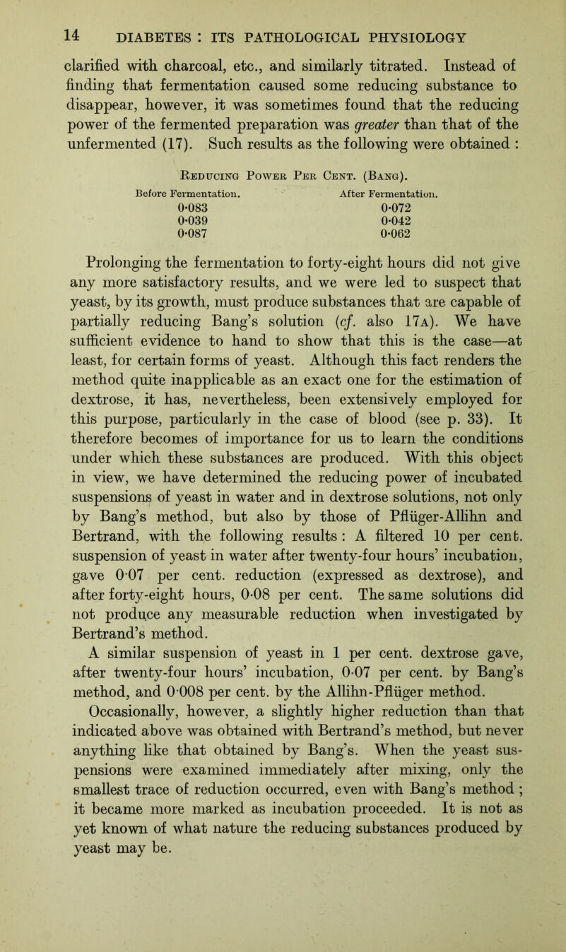 clarified with charcoal, etc., and similarly titrated. Instead of finding that fermentation caused some reducing substance to disappear, however, it was sometimes found that the reducing power of the fermented preparation was greater than that of the unfermented (17). Such results as the following were obtained : Reducing Power Per Cent. (Bang). Before Fermentation. After Fermentation. 0*083 0*072 0*039 0*042 0*087 0*062 Prolonging the fermentation to forty-eight hours did not give any more satisfactory results, and we were led to suspect that yeast, by its growth, must produce substances that are capable of partially reducing Bang’s solution (c/. also 17a). We have sufficient evidence to hand to show that this is the case—at least, for certain forms of yeast. Although this fact renders the method quite inapplicable as an exact one for the estimation of dextrose, it has, nevertheless, been extensively employed for this purpose, particularly in the case of blood (see p. 33). It therefore becomes of importance for us to learn the conditions under which these substances are produced. With this object in view, we have determined the reducing power of incubated suspensions of yeast in water and in dextrose solutions, not only by Bang’s method, but also by those of Pfluger-Allihn and Bertrand, with the following results : A filtered 10 per cent, suspension of yeast in water after twenty-four hours’ incubation, gave 007 per cent, reduction (expressed as dextrose), and after forty-eight hours, 0*08 per cent. The same solutions did not produce any measurable reduction when investigated by Bertrand’s method. A similar suspension of yeast in 1 per cent, dextrose gave, after twenty-four hours’ incubation, 0 07 per cent, by Bang’s method, and 0 008 per cent, by the Allihn-Pfliiger method. Occasionally, however, a slightly higher reduction than that indicated above was obtained with Bertrand’s method, but never anything like that obtained by Bang’s. When the yeast sus- pensions were examined immediately after mixing, only the smallest trace of reduction occurred, even with Bang’s method; it became more marked as incubation proceeded. It is not as yet known of what nature the reducing substances produced by yeast may be.