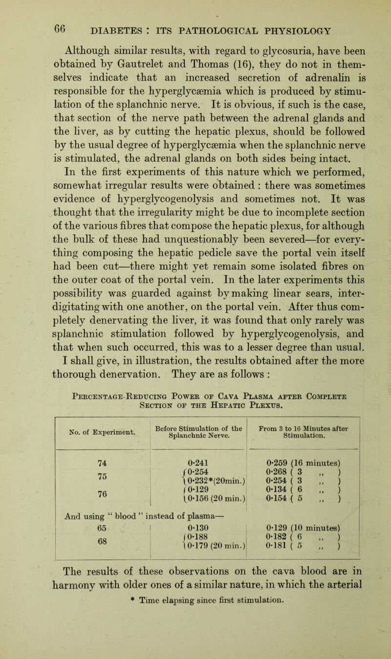 Although similar results, with regard to glycosuria, have been obtained by Gautrelet and Thomas (16), they do not in them- selves indicate that an increased secretion of adrenalin is responsible for the hyperglycaemia which is produced by stimu- lation of the splanchnic nerve. It is obvious, if such is the case, that section of the nerve path between the adrenal glands and the liver, as by cutting the hepatic plexus, should be followed by the usual degree of hyperglycsemia when the splanchnic nerve is stimulated, the adrenal glands on both sides being intact. In the first experiments of this nature which we performed, somewhat irregular results were obtained : there was sometimes evidence of hyperglycogenolysis and sometimes not. It was thought that the irregularity might be due to incomplete section of the various fibres that compose the hepatic plexus, for although the bulk of these had unquestionably been severed—for every- thing composing the hepatic pedicle save the portal vein itself had been cut—there might yet remain some isolated fibres on the outer coat of the portal vein. In the later experiments this possibility was guarded against by making linear sears, inter- digitating with one another, on the portal vein. After thus com- pletely denervating the liver, it was found that only rarely was splanchnic stimulation followed by hyperglycogenolysis, and that when such occurred, this was to a lesser degree than usual. I shall give, in illustration, the results obtained after the more thorough denervation. They are as follows : Percentage-Reducing Power of Cava Plasma after Complete Section of the Hepatic Plexus. No. of Experiment. Before Stimulation of the From 3 to 16 Minutes after Splanchnic Nerve. Stimulation. - 74 0-241 0-259 (16 minutes) 75 / 0-254 0-268 ( 3 „ ) \0-232*(20min.)1 0-254 ( 3 „ ) 76 10-129 0-134 (6 „ ) 0156 (20 min.) 0-154 (5 „ ) And using “ blood ” instead of plasma— 65 0-130 0-129 (10 minutes) 68 (0-188 0-182 (6 „ ) (0-179 (20 min.) 0-181 (5 „ ) The results of these observations on the cava blood are in harmony with older ones of a similar nature, in which the arterial * Time elapsing since first stimulation.