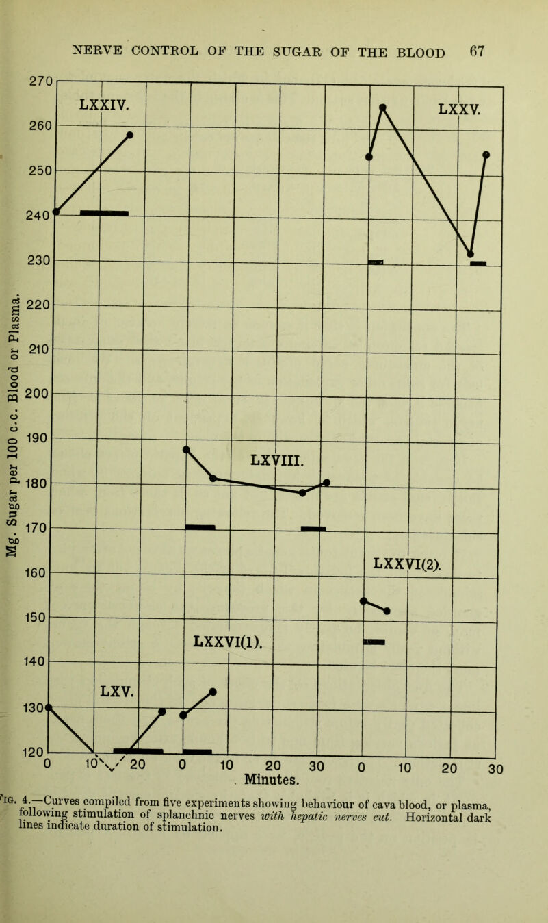 IG. 4-~C.urves compiled from five experiments showing behaviour of cava blood, or plasma, following stimulation of splanchnic nerves with hepatic nerves cut. Horizontal dark