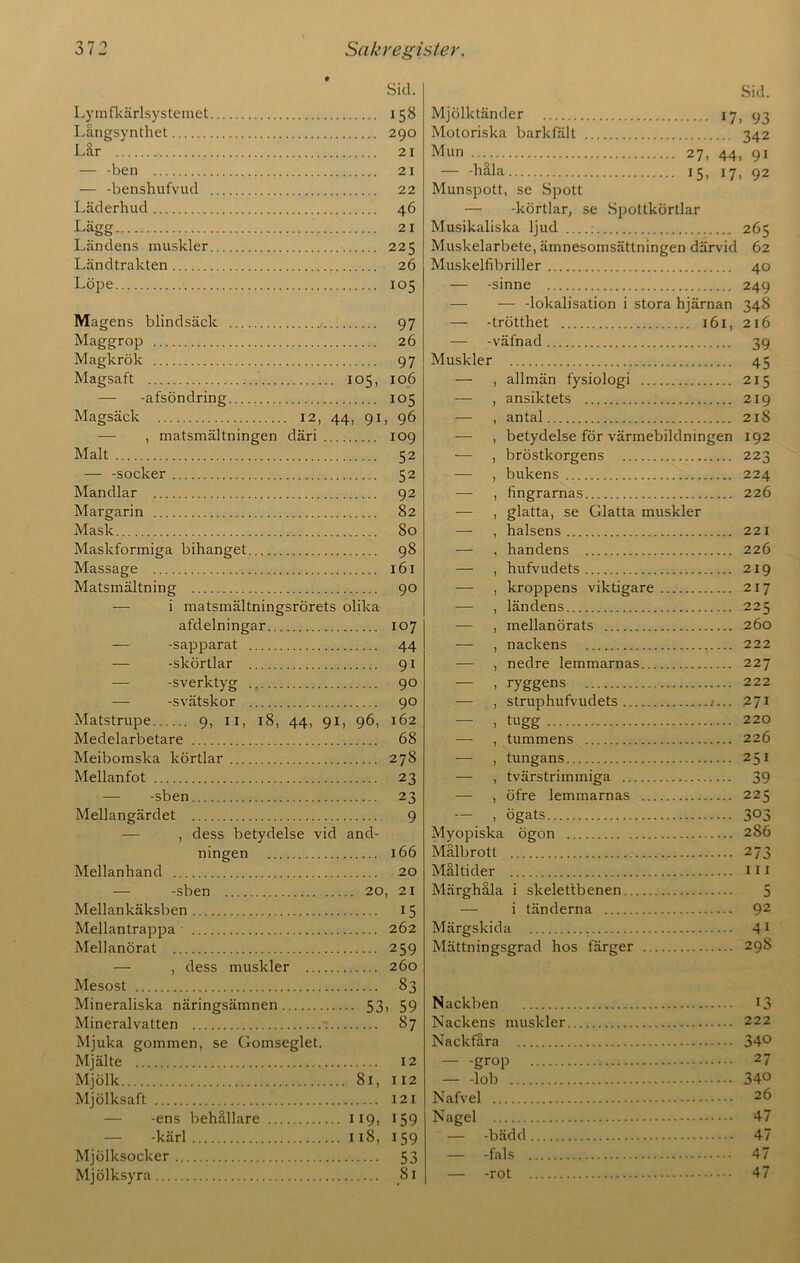 Sid. Lymfkärlsystemet 158 Långsynthet 290 Lår 21 — -ben 21 — -benshufvud 22 Läderhud 46 Lägg 21 Ländens muskler 225 Ländtrakten 26 Löpe 105 Magens blindsäck 97 Maggrop 26 Magkrök 97 Magsaft 105, 106 — -afsöndring 105 Magsäck 12, 44, 91, 96 — , matsmältningen däri 109 Malt 52 — -socker 52 Mandlar 92 Margarin 82 Mask 80 Maskformiga bihanget 98 Massage 161 Matsmältning 90 — i matsmältningsrörets olika afdelningar 107 — -sapparat 44 — -skörtlar 91 — -sverktyg 90 —- -svätskor 90 Matstrupe 9, 11, 18, 44, 91, 96, 162 Medelarbetare 68 Meibomska körtlar 278 Mellanfot 23 — -sben 23 Mellangärdet 9 — , dess betydelse vid and- ningen 166 Mellanhand 20 — -sben 20, 21 Mellankäksben 15 Mellantrappa 262 Mellanörat 259 — , dess muskler 260 Mesost 83 Mineraliska näringsämnen 53, 59 Mineralvatten 87 Mjuka gommen, se Gomseglet. Mjälte 12 Mjölk 81, 112 Mjölksaft 121 -ens behållare 119, 159 -kärl 118, 159 Mjölksocker 53 Mjölksyra 81 Sid. Mjölktänder 17, 93 Motoriska barkfält 342 Mun 27, 44, 91 — -håla 15, 17, 92 Munspott, se Spott — -körtlar, se Spottkörtlar Musikaliska ljud ; 265 Muskelarbete, ämnesomsättningen därvid 62 Muskelfibriller 40 — -sinne 249 — — -lokalisation i stora hjärnan 348 — -trötthet 161, 216 — -väfnad 39 Muskler 45 — , allmän fysiologi 215 — , ansiktets 219 — , antal 218 — , betydelse för värmebildningen 192 — , bröstkorgens 223 — , bukens 224 — , fingrarnas 226 — , glatta, se Glatta muskler — , halsens 221 — , handens 226 — , hufvudets 219 — , kroppens viktigare 217 — , ländens 225 — , mellanörats 260 — , nackens 222 — , nedre lemmarnas 227 — , ryggens 222 — , struphufvudets .<... 271 — , tugg 220 — , tummens 226 — , tungans 251 — , tvärstrimmiga 39 — , öfre lemmarnas 225 — , ögats 303 Myopiska ögon 286 Målbrott 273 Måltider 111 Märghåla i skelefitbenen 5 — i tänderna 92 Märgskida 41 Mättningsgrad hos färger 298 Nackben 13 Nackens muskler 222 Nackfåra 34° — -grop 27 — -lob 340 Nafvel 26 Nagel 47 — -bädd 47 — -fals 47 — -rot 47