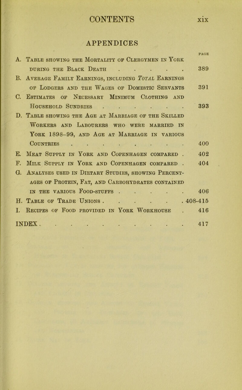 APPENDICES PAGE A. Table showing the Mortality of Clergymen in York during the Black Death . . . . . 389 B. Average Family Earnings, including Total Earnings of Lodgers and the Wages of Domestic Servants 391 C. Estimates of Necessary Minimum Clothing and Household Sundries ...... 393 D. Table showing the Age at Marriage of the Skilled Workers and Labourers who were married in York 1898-99, and Age at Marriage in various Countries ........ 400 E. Meat Supply in York and Copenhagen compared . 402 F. Milk Supply in York and Copenhagen compared . 404 G. Analyses used in Dietary Studies, showing Percent- ages of Protein, Fat, and Carbohydrates contained in the various Food-stuffs ..... 406 H. Table of Trade Unions ...... 408-415 I. Recipes of Food provided in York Workhouse . 416 INDEX 417