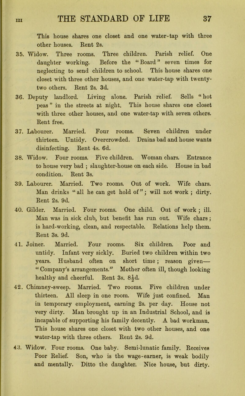 This house shares one closet and one water-tap with three other houses. Rent 2s. 35. Widow. Three rooms. Three children. Parish relief. One daughter working. Before the “ Board ” seven times for neglecting to send children to school. This house shares one closet with three other houses, and one water-tap with twenty- two others. Rent 2s. 3d. 36. Deputy landlord. Living alone. Parish relief. Sells “ hot peas ” in the streets at night. This house shares one closet with three other houses, and one water-tap with seven others. Rent free. 37. Labourer. Married. Four rooms. Seven children under thirteen. Untidy. Overcrowded. Drains bad and house wants disinfecting. Rent 4s. 6d. 38. Widow. Four rooms. Five children. Woman chars. Entrance to house very bad ; slaughter-house on each side. House in bad condition. Rent 3s. 39. Labourer. Married. Two rooms. Out of work. Wife chars. Man drinks “ all he can get hold of ”; will not work ; dirty. Rent 2s. 9d. 40. Gilder. Married. Four rooms. One child. Out of work ; ill. Man was in sick club, but benefit has run out. Wife chars ; is hard-working, clean, and respectable. Relations help them. Rent 3s. 9d. 41. Joiner. Married. Four rooms. Six children. Poor and untidy. Infant very sickly. Buried two children within two years. Husband often on short time ; reason given— “ Company’s arrangements.” Mother often ill, though looking- healthy and cheerful. Rent 3s. 8^d. 42. Chimney-sweep. Married. Two rooms. Five children under thirteen. All sleep in one room. Wife just confined. Man in temporary employment, earning 2s. per day. House not very dirty. Man brought up in an Industrial School, and is incapable of supporting his family decently. A bad workman. This house shares one closet with two other houses, and one water-tap with three others. Rent 2s. 9d. 43. Widow. Four rooms. One baby. Semi-lunatic family. Receives Poor Relief. Son, who is the wage-earner, is weak bodily and mentally. Ditto the daughter. Nice house, but dirty.